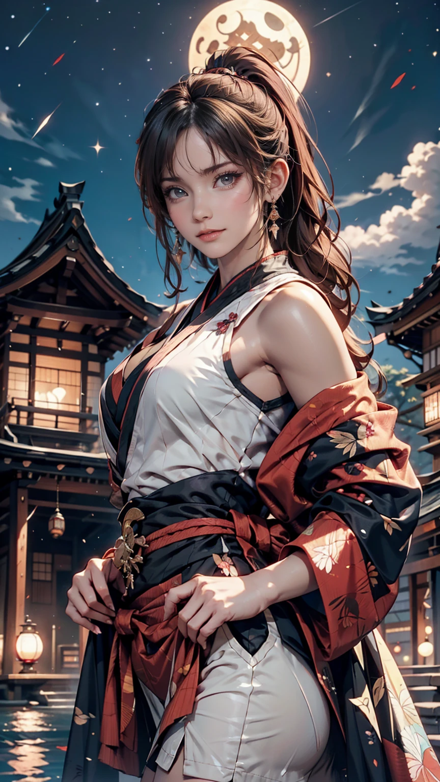 「Mito Komon」、Kagerou Ogin、Kunoichi(Female Ninja)、Black Hair、ponytail、Ninja Costume、Exposed thighs、Sexy proportions、Sexy、Narrow waist、mature female body、Sandals、Place hands on hips、Carrying a sword on your back、Japanese castle background、night、Starry Sky、Hand guard、Half(Happily、Face protection mask)
