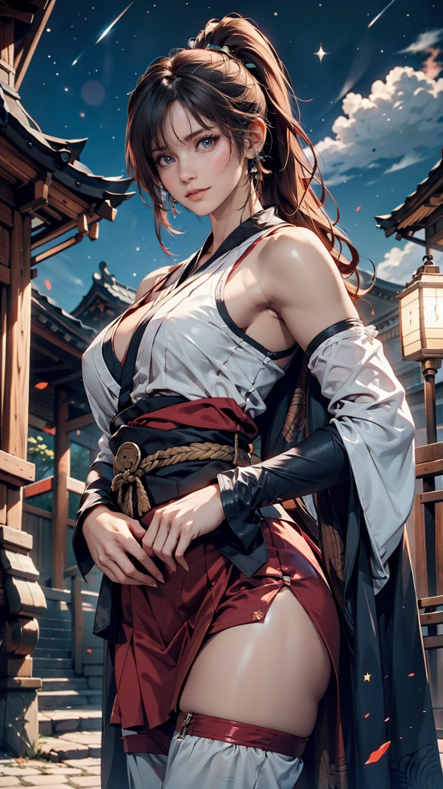 「Mito Komon」、Kagerou Ogin、Kunoichi(Female Ninja)、Black Hair、ponytail、Ninja Costume、Exposed thighs、Sexy proportions、Sexy、Narrow waist、mature female body、Sandals、Place hands on hips、Carrying a sword on your back、Japanese castle background、night、Starry Sky、Hand guard、Half（Happily、Face protection mask)