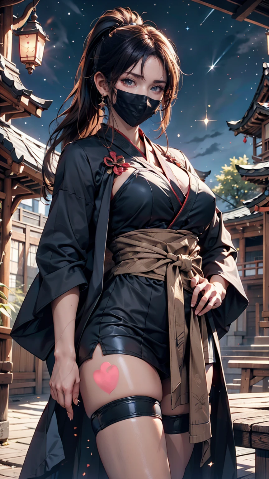 「Mito Komon」、Kagerou Ogin、Kunoichi(Female Ninja)、Black Hair、ponytail、Ninja Costume、Exposed thighs、Sexy proportions、Sexy、Narrow waist、mature female body、Sandals、Place hands on hips、Carrying a sword on your back、Japanese castle background、night、Starry Sky、Hand guard、Half(Happily、Face protection mask)