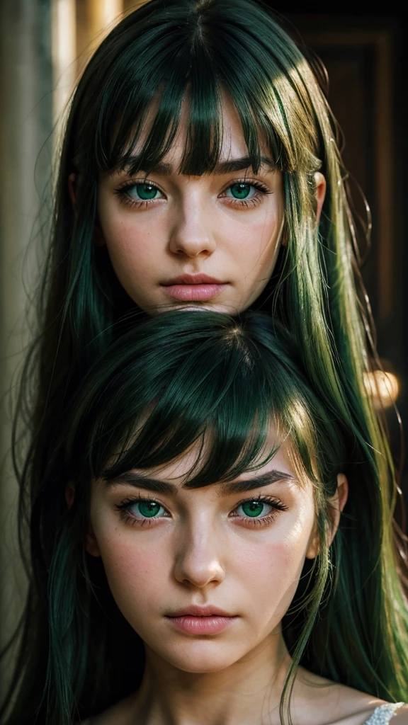 a girl. Europe. Extremely detailed face. Oval face. delicate facial features. half-closed eyes. long straight hair. messy hair. bangs. green hair. green eyes. afraid. Sad. shy. straight face