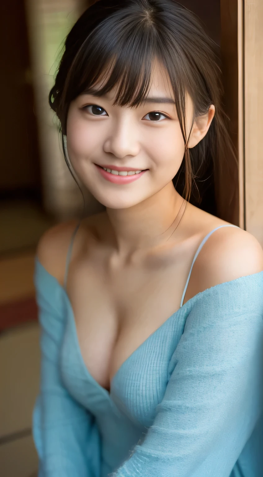 masterpiece,best quality,(Japanese girl),((Beautiful girl)),cleavage,(off shoulder:1.2),(perfect body beauty:1.2),(shy smile),From slightly above,