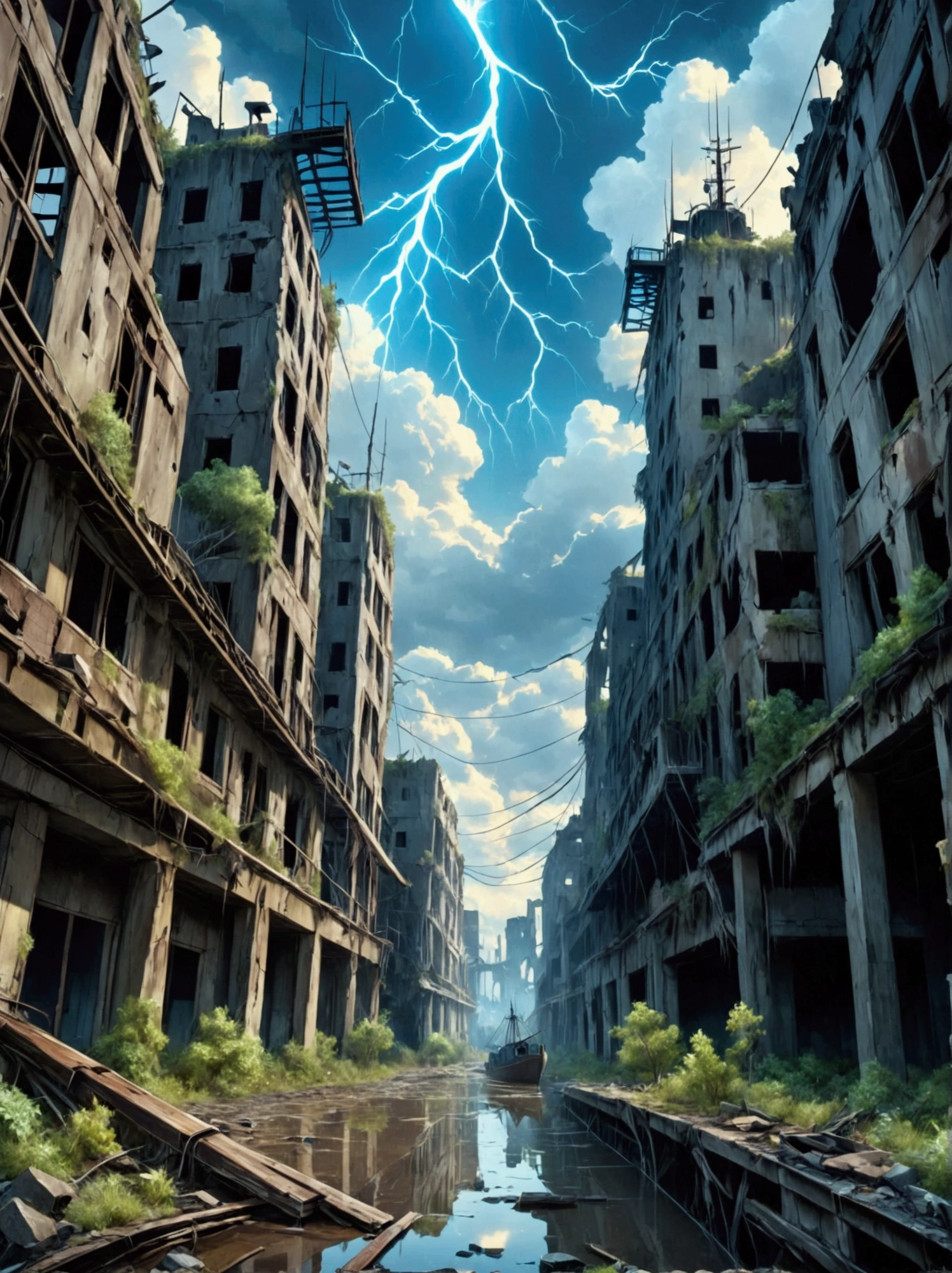 a post-apocalyptic, flooded earth scene, scarce trees, numerous dilapidated buildings, high resolution details of abandoned structures, cracks in the architecture, malfunctioning electrical equipment, poor lighting, mysterious and dark tones, water and ruins elements, high resolution, ultra-detailed, a ship city, 8k, masterpiece