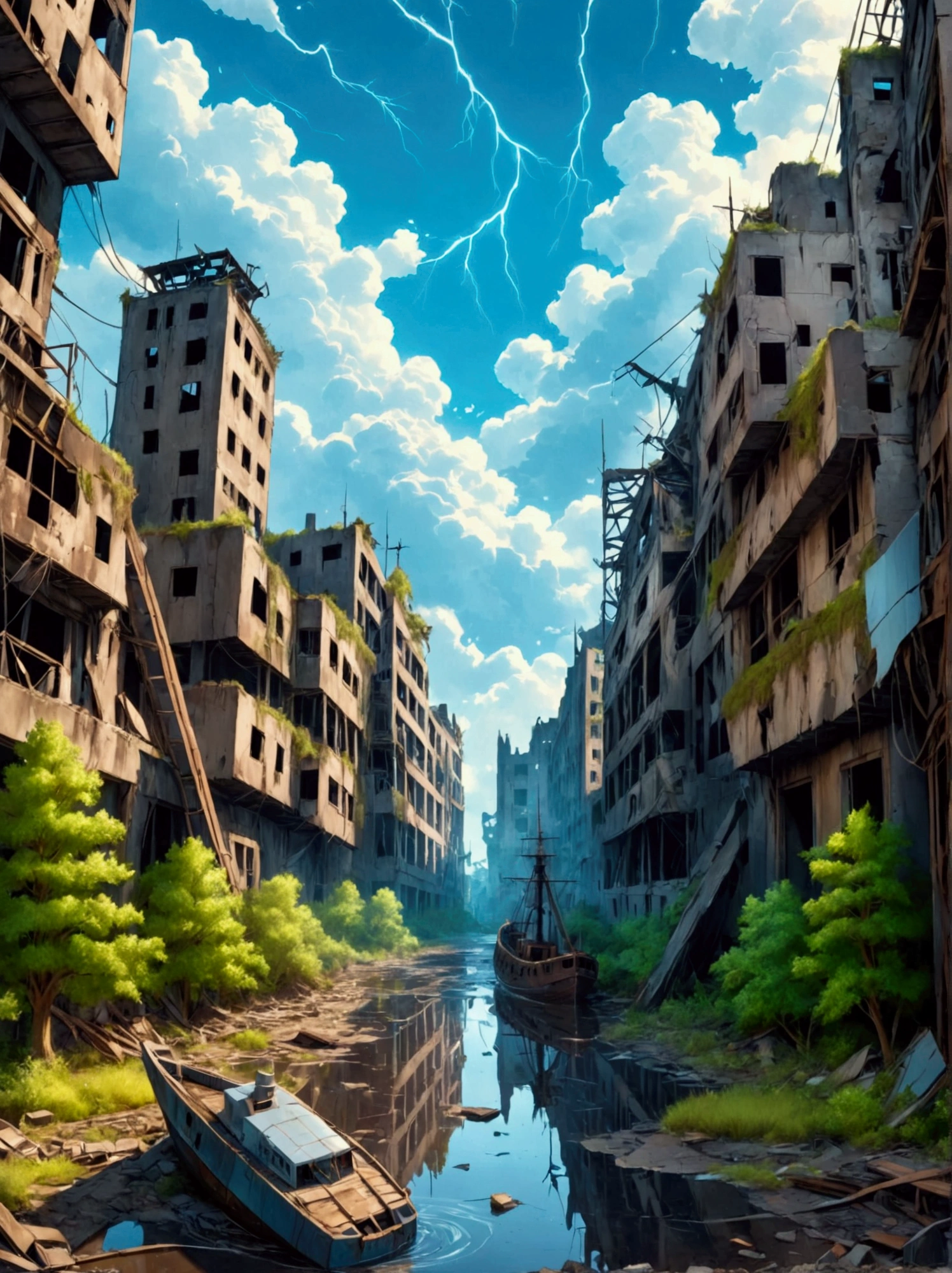 a post-apocalyptic, flooded earth scene, scarce trees, numerous dilapidated buildings, high resolution details of abandoned structures, cracks in the architecture, malfunctioning electrical equipment, poor lighting, mysterious and dark tones, water and ruins elements, high resolution, ultra-detailed, a ship city, 8k, masterpiece