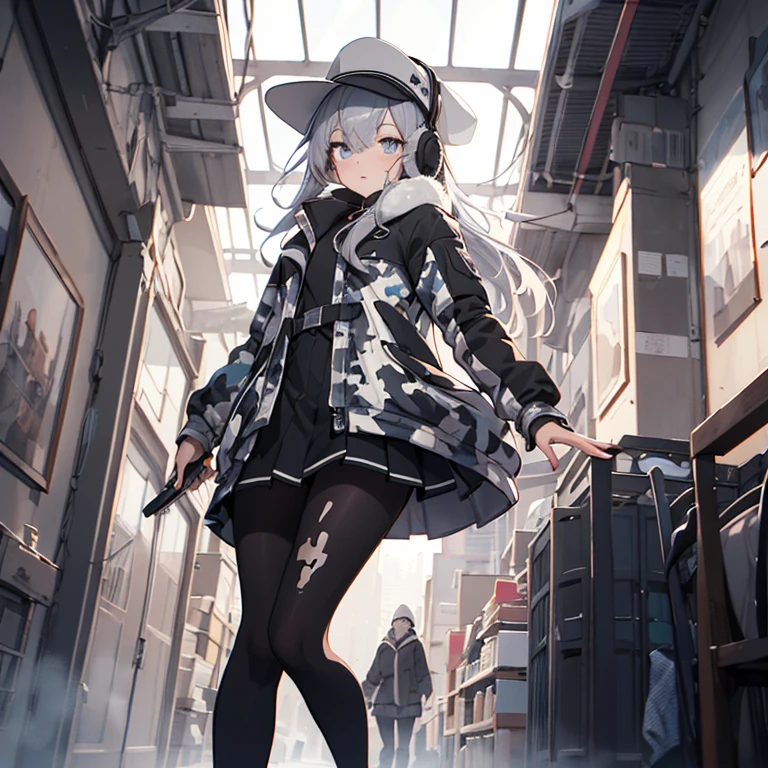 verniysaury, grey hair, white headwear, hat, earmuffs, camouflage jacket, long sleeves, black skirt, black pantyhose
,(masterpiece:1.4),(best quality:1.4), (amazing), (great illustration:1.4), (ultra-detailed:1.4), (art CG, 8K),1girl ,solo,full body,(From Below:1.2),

