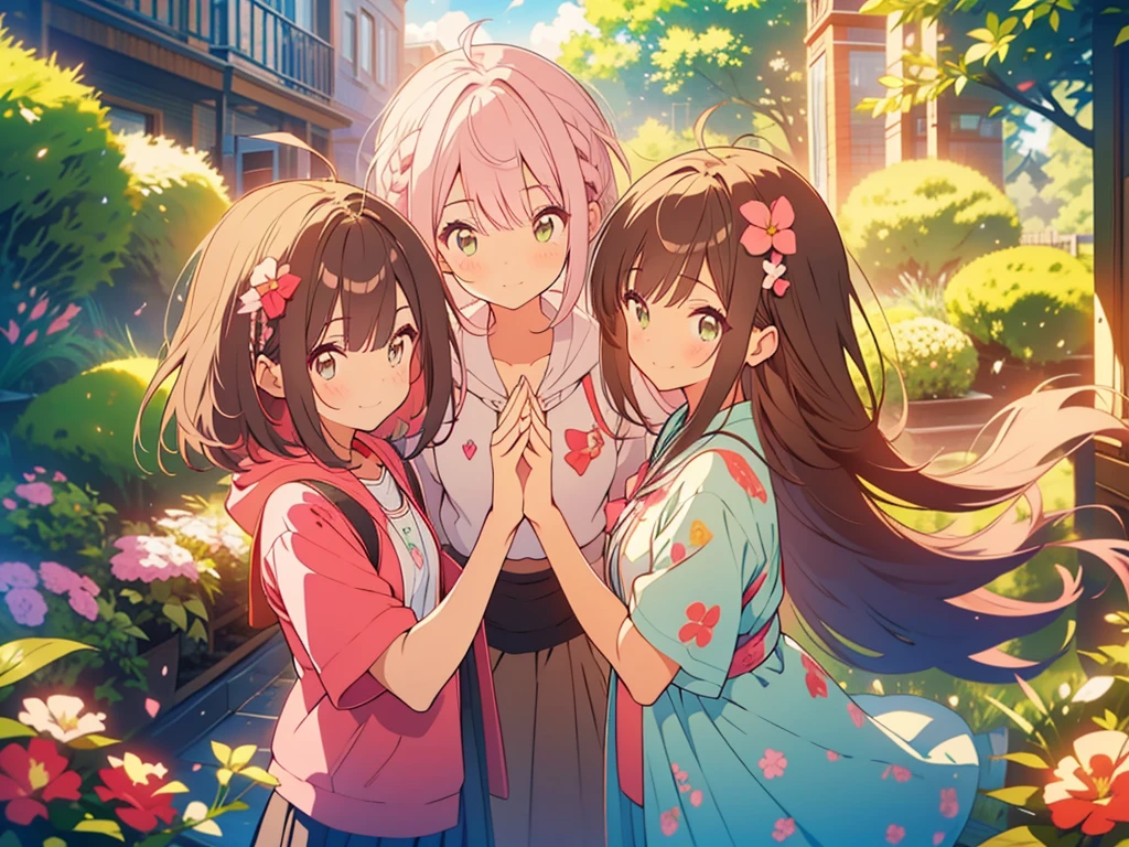 kawaii, anime, Cute, hyper quality, highly detailed, 8k, Clarity, Draw facial expressions in detail, Girl with long dark brown hair and green eyes, A red-eyed girl with a light pink short bob hairstyle, full of energy, the two give a high five, Uplifting, whole body, jump up and down, daytime, refreshing morning, highlight on eyes, wink, smile, drawing two people, short sleeve hoodie, dianthus flower, pink hair, A park with a flower garden at your feet, flower jutan, small, round, five-petaled flower, Moss phlox, 5 round petals, clock tower, 