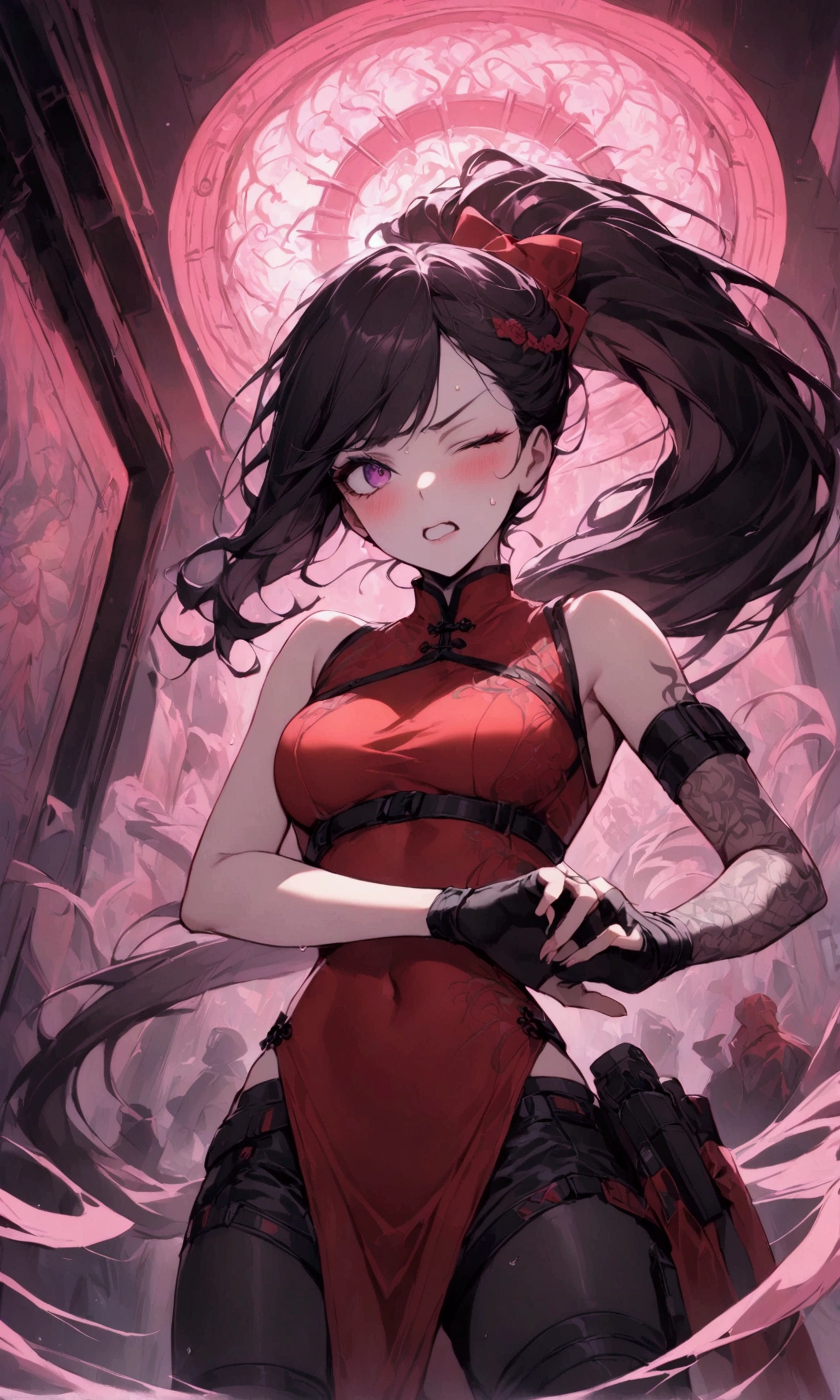 Dynamic composition,dutch angle,{{masterpiece}}, {{{Highest quality}}},{{Very detailed}},{{Fight}},{{fighting stance:1.6}},{{critical situation:1.6}},{{hold down one's stomach with one's hands:1.6}},1girl,30years old,{Mature Woman}},cyberpunk,{{RED Chinese clothing:1.2}},Red sleeveless Chinese dress,pelvic curtain,black stockings,belt,black fingerless gloves,Lace arm covers,holster,{{Grit your teeth:1.4}},one eye closed, ,{{v-shaped eyebrows}},Bad mood,blush,Sweat,raise one's eyebrows ,{{View your viewers}}、Very long long hair in a ponytail.abdominal pain ,{{pain}},Inside the dojo,indoor
