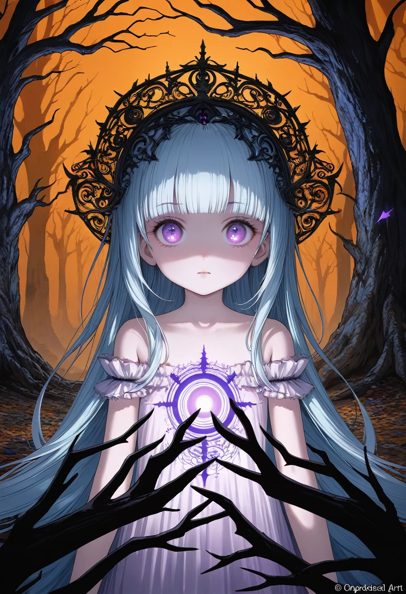 Masterpiece, best quality, extremely detailed, (illustration, official art: 1.1), (baby face:1.55)、((((1 girl)))), ((light blue long hair))), light blue hair, ,young,skinny,,,((blush)), cute face, big eyes, tareme, masterpiece, best quality, (a very delicate and beautiful girl)))), flat chest ,amazing, beautiful detailed eyes, blunt bangs (((little delicate girl)))), tareme (true beautiful: 1.2), optical illusion, Black light art, (best qualityer, high resolution, ultra detali), The Goddess Casting、 Brilliant Mystical Spells 、 a Haunted Forest, orange and purple tones, portraits, bright coloured, extreme detailed description, sharp focus, Physically based rendering, studio lighting, horor, , magical, mysterious atmosphere, swirling mist, ethereal glow, ancient trees, twisted branches, Moonlit sky, mysterious shadows, Mesmerizing, enchanting, hauntingly beautiful,
