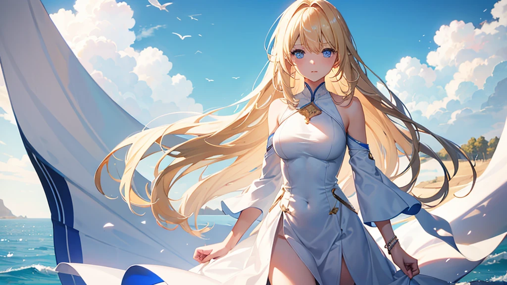 long blonde girl, blue eyes, calm face, medium breast, white short dress, blue sky background, natural light, facing camera