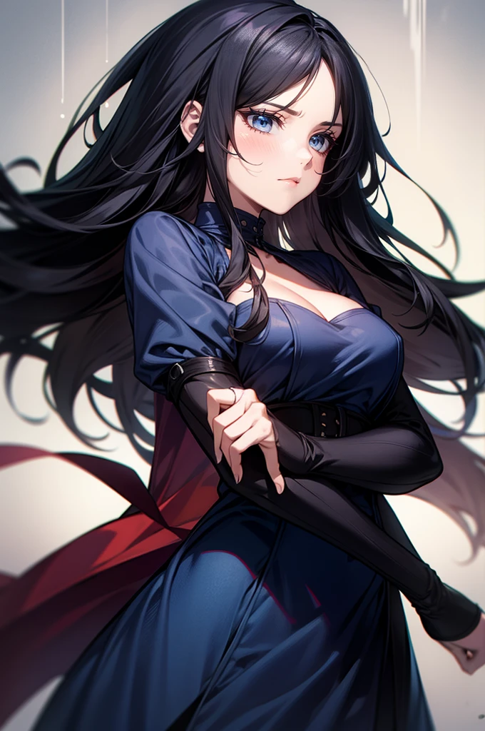 Dark blue dress, black hair, stoic, confident, strong jawline