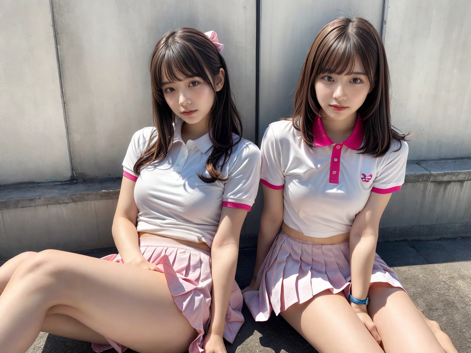masterpiece, best quality, illustration, Super detailed, fine details, High resolution, 8K,wall paper, perfect dynamic composition,(Details High quality, realistic depiction of eyes:1.3), (2 girls), BREAK (white theme:1.4), (tucked-out short sleeve white polo shirt:1.4), (pink lines on tops outline:1.3), (pure white pleated mini skirt:1.3), (hem of top covers top half of skirt:1.3), (pink fluffy scrunchie on wrist:1.3), (white and pink sports shoes:1.2), sitting, open legs, short bob hair, in a hotel room in the background, deep on field, (large breasts:1.2), black hair color, Big Natural Color Lip, (perfect body shape), crying a little、Harajuku style、20 year old girl、cute type、beautiful legs, Gravure Idol