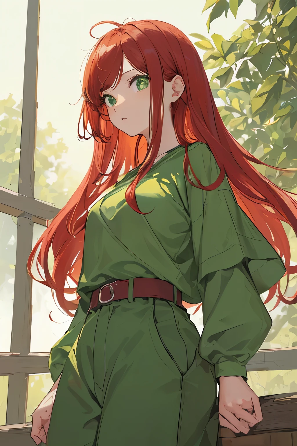 ((masterpiece)), Highest quality, 4k, ((anime style)), ((ultra-detailed)), 1girl, (red hair), (medium straight hair:1.2), (short bangs, left-parted bangs, and right hard swept bangs:1.2). (applegreen eyes:1.2), (large breast:1.1), age19, knight, (green t-shirt and green wide-leg pants:1.2), (long sleeve:1.1), ((Low Angle Shot)),