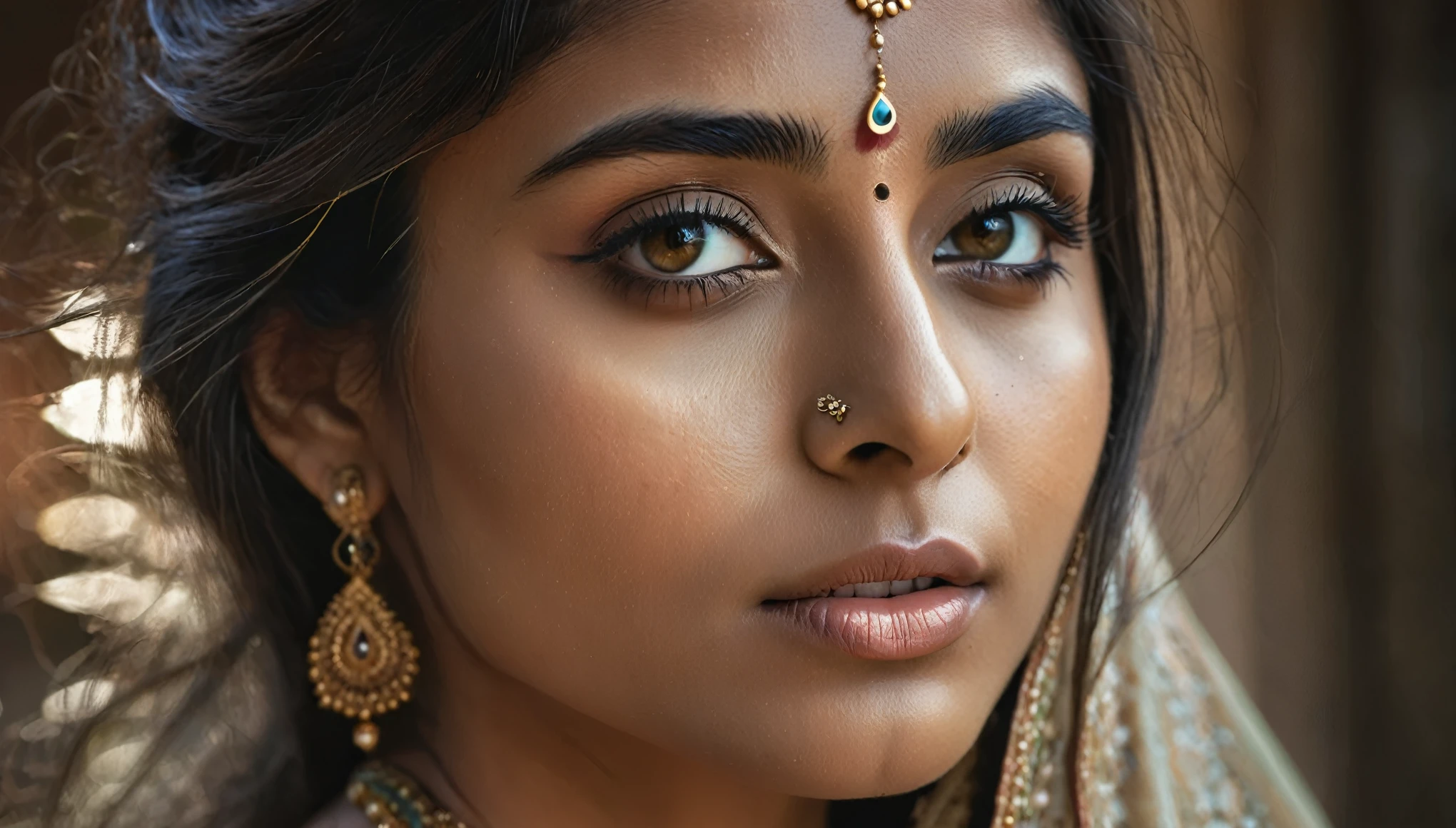 a beautiful mysterious indian woman, intricate detailed face, piercing eyes, long eyelashes, delicate skin, natural beauty, flowing hair, candid elegant pose, dramatic lighting, cinematic mood, muted color palette, chiaroscuro lighting, high quality, photorealistic, 8k, intricate details, professional rendering