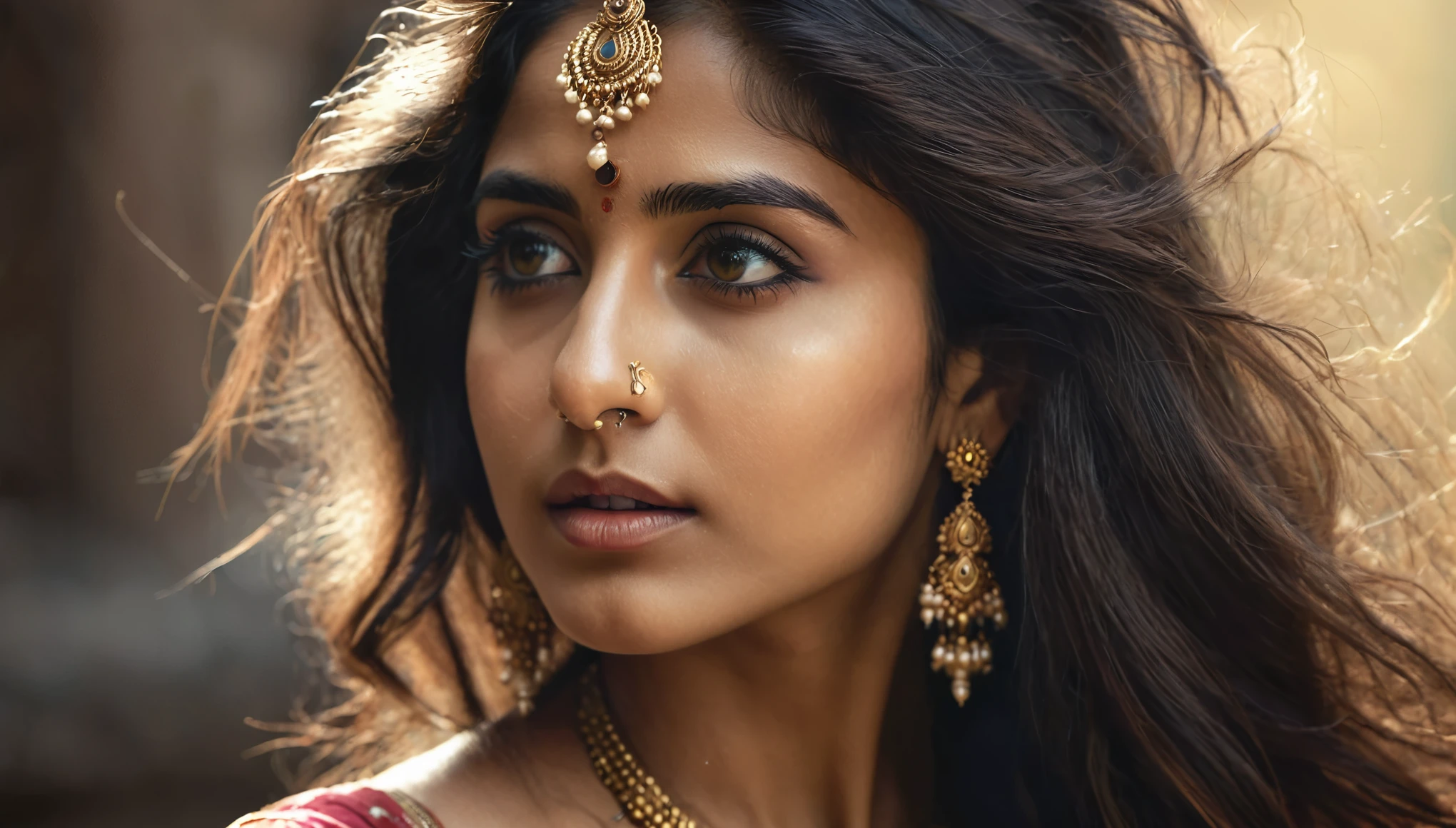 a beautiful mysterious indian woman, intricate detailed face, piercing eyes, long eyelashes, delicate skin, natural beauty, flowing hair, candid elegant pose, dramatic lighting, cinematic mood, muted color palette, chiaroscuro lighting, high quality, photorealistic, 8k, intricate details, professional rendering