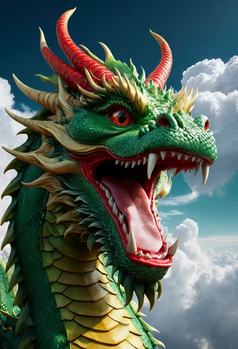 Chinese style，chinese mythology，Green Dragon，cough，ferocious，giant，My eyes are shining red，Glow effect，Surrounded by clouds，The middle shot scene is，It&#39;s like a whole body， Highly detailed, hyper-realistic VFX，oc rendered， - AR 16:9 --q 2 --s 1000
