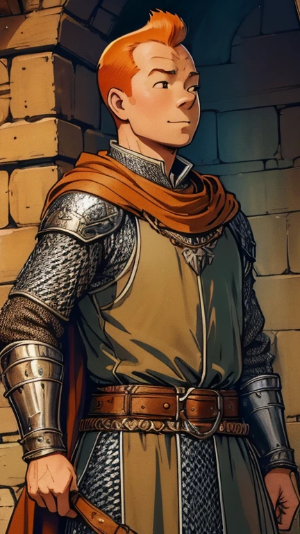 (1man, Tintin,1boy), (extremely detailed CG unit 8k wallpaper),(master part), (best quality), (ultra detail), (best illustration),(style Dan Mumford), cowboy shot,(Sharp eyeliner, ombre, detailed eyes:1),Dark Medieval Dungeon interiors background,break,(medieval armor),upper body,short hair,orange hair