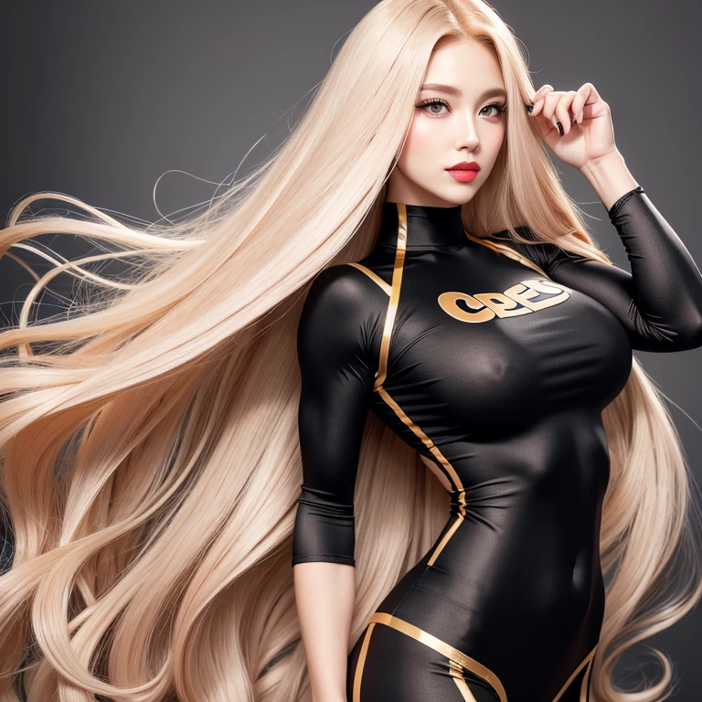 Perfect face, gray eyes, sexy woman, muscle build body,Bodybuilding body,red lips, long golden hair with very long golden hair, super long golden hair with very super long golden hair, large hair, huge body, wearing Pink high-neck stripe with black spots, gray t-shirt, full body suit,anime proportions, good proportion, perfect face, perfect body 