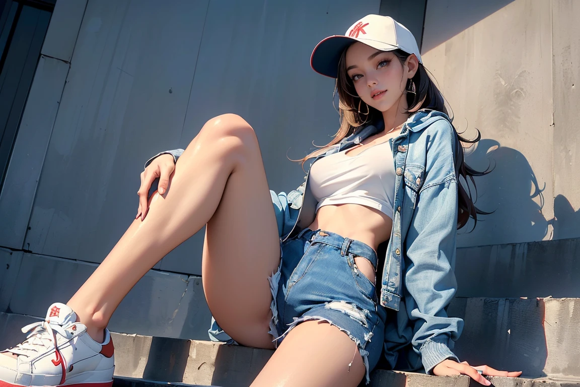 ((Masterpiece, top quality, high resolution, highly detailed CG unified 8K wallpaper)), (huge stunning goddess shot, very hot and sexy, jaw-dropping beauty, perfect proportions, beautiful body, slim body beauty:1.3), Portrait of woman sitting on stairs, smiling, casually dressed, (wearing baseball cap, hoodie, denim shorts and sneakers:1.2), (view from below:1.6),