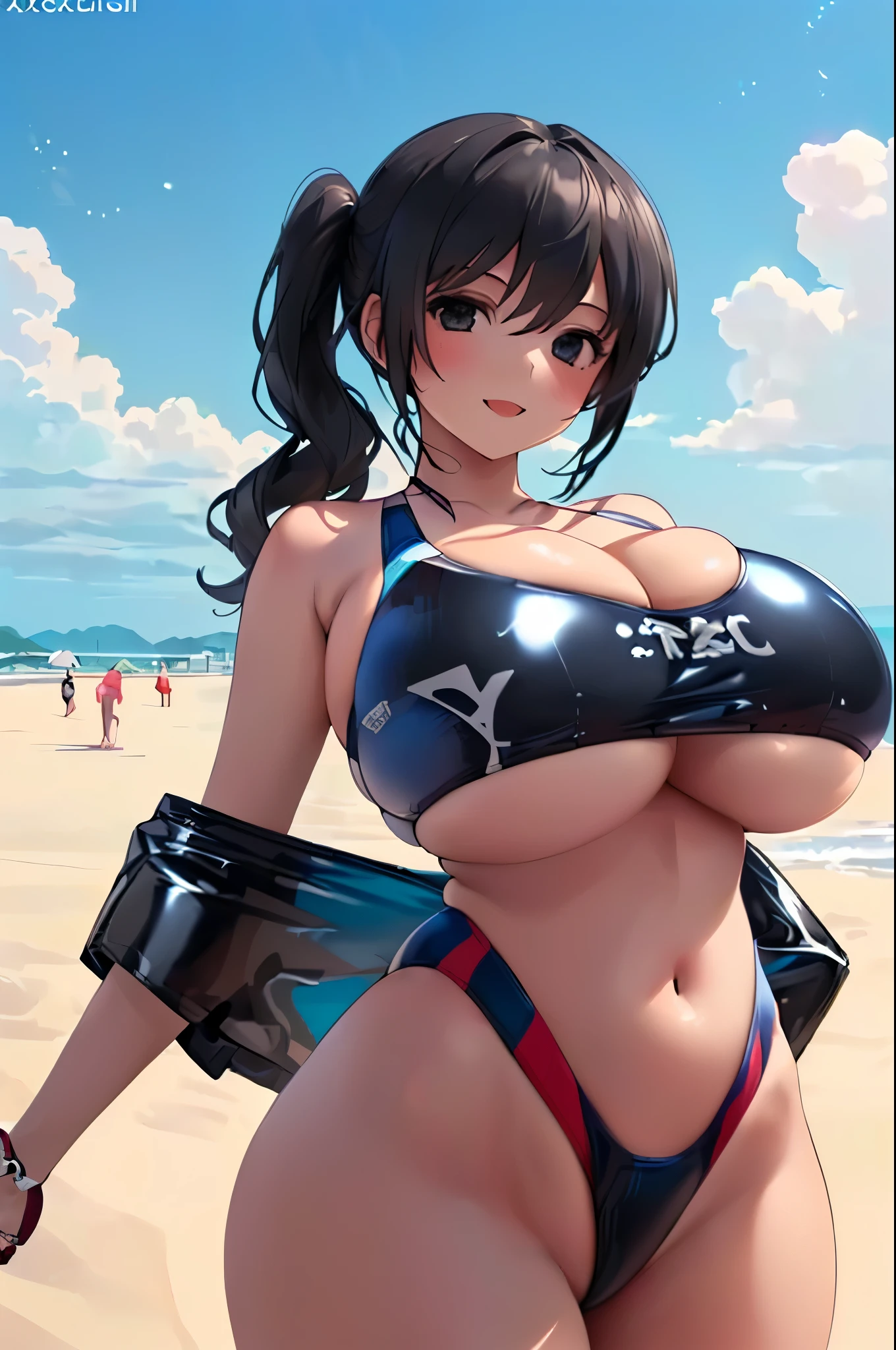 (1 girl:2.0),(Underboob:1.5),(Smile Beam:1.5),((huge breasts:1.5)),(huge saggy breasts:1.5), ((cleavage:1.5)),((competition swimsuit:1.5)),((High leg:1.5),((latex:1.5)),傘を持ってAt the Beachポーズをとるビキニのアニメの***, tits, Realistic Bikini, Swimwear, is wearing a Swimwear, tits proportions, Enchanting anime girl, Big Breasts!, At the Beach, Big Breasts!!, [ 4k digital art ]!!, At the Beach, Smooth anime CG art, , have large breasts, At the Beach,Highest quality, 4K, masterpiece, Very detailedな, Studio Lighting, Hilarious, Vivid expression,super high quality, Very detailed,Perfect photo,3d,8k,High resolution,Black Hair,(black eye:1.5),Sporty hairstyles,Smooth anime CG art, 