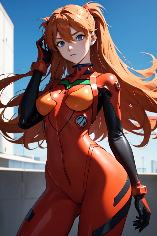 (masterpiece, best quality), 1girl, beautiful face, beautiful body, souryuu_asuka_langley, plugsuit, bodysuit, interface headset, red bodysuit, hair between eyes, pilot suit