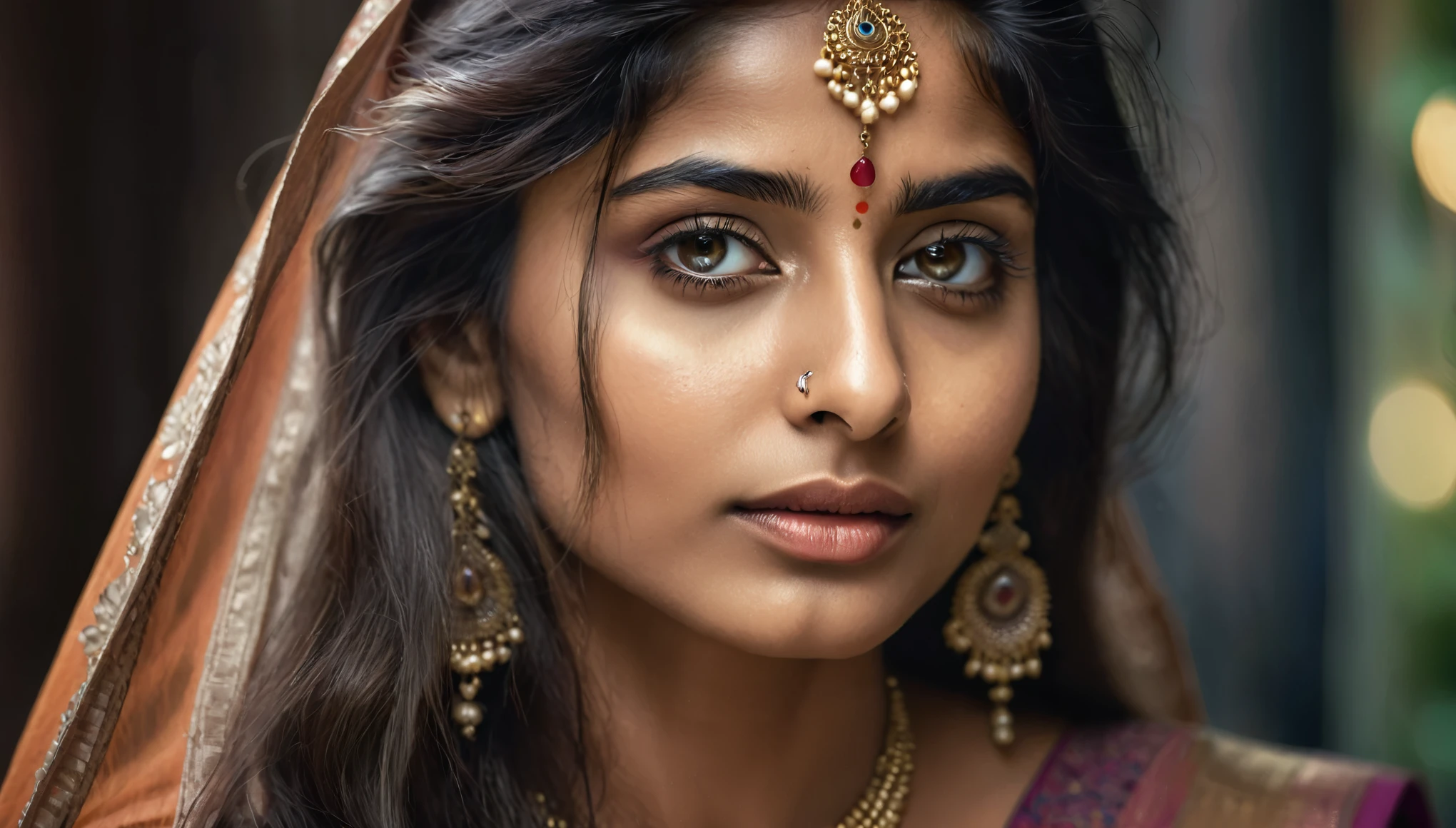 a beautiful mysterious indian woman, intricate detailed face, piercing eyes, long eyelashes, delicate skin, natural beauty, flowing hair, candid elegant pose, dramatic lighting, cinematic mood, muted color palette, chiaroscuro lighting, high quality, photorealistic, 8k, intricate details, professional rendering