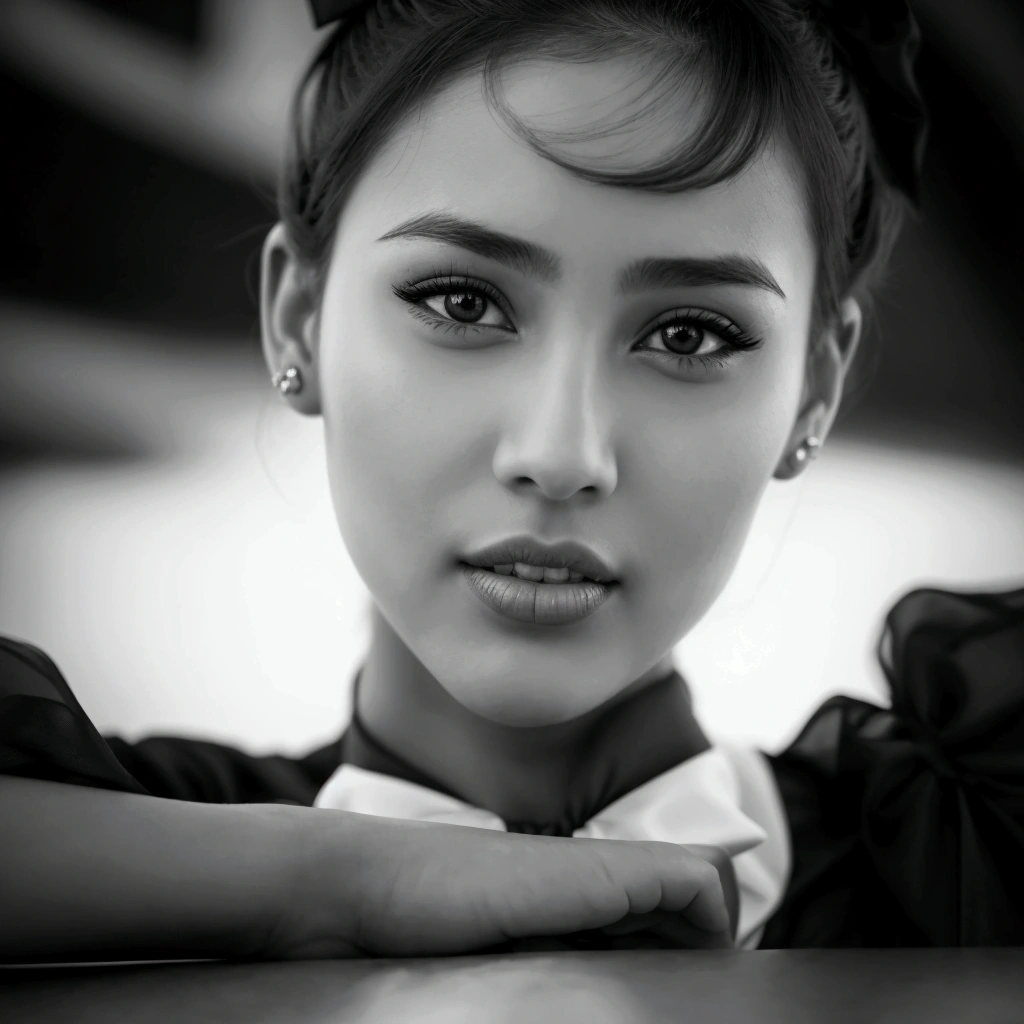 Black and white photo of a lady wearing a bow tie in Alafid, author：Herakli Nadal, Beautiful and charming face, 极其Beautiful face庞, Beautiful face portrait, Very beautiful face, Perfect face ), Beautiful and realistic faces, 迷人Beautiful face庞, The gaze, Pretty Face, Very charming and beautiful, 🤤 Girl Portrait, Perfect face and eyes, Beautiful face