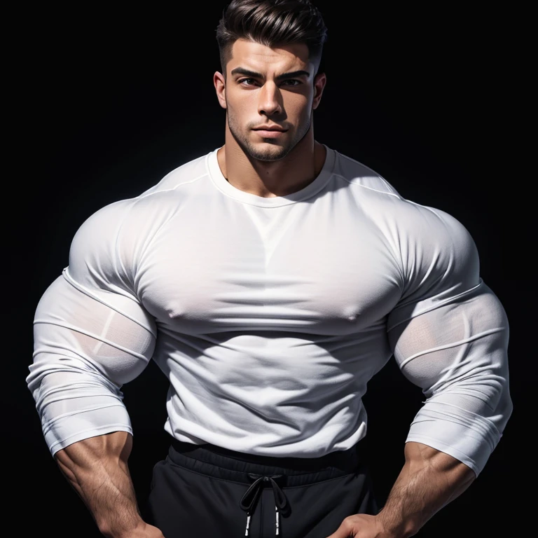 a very handsome young man, massively muscular, with massively large muscles, with massively large biceps, with massively large arms, wearing a simple white sweatshirt with long sleeves, on a black background, seen from above