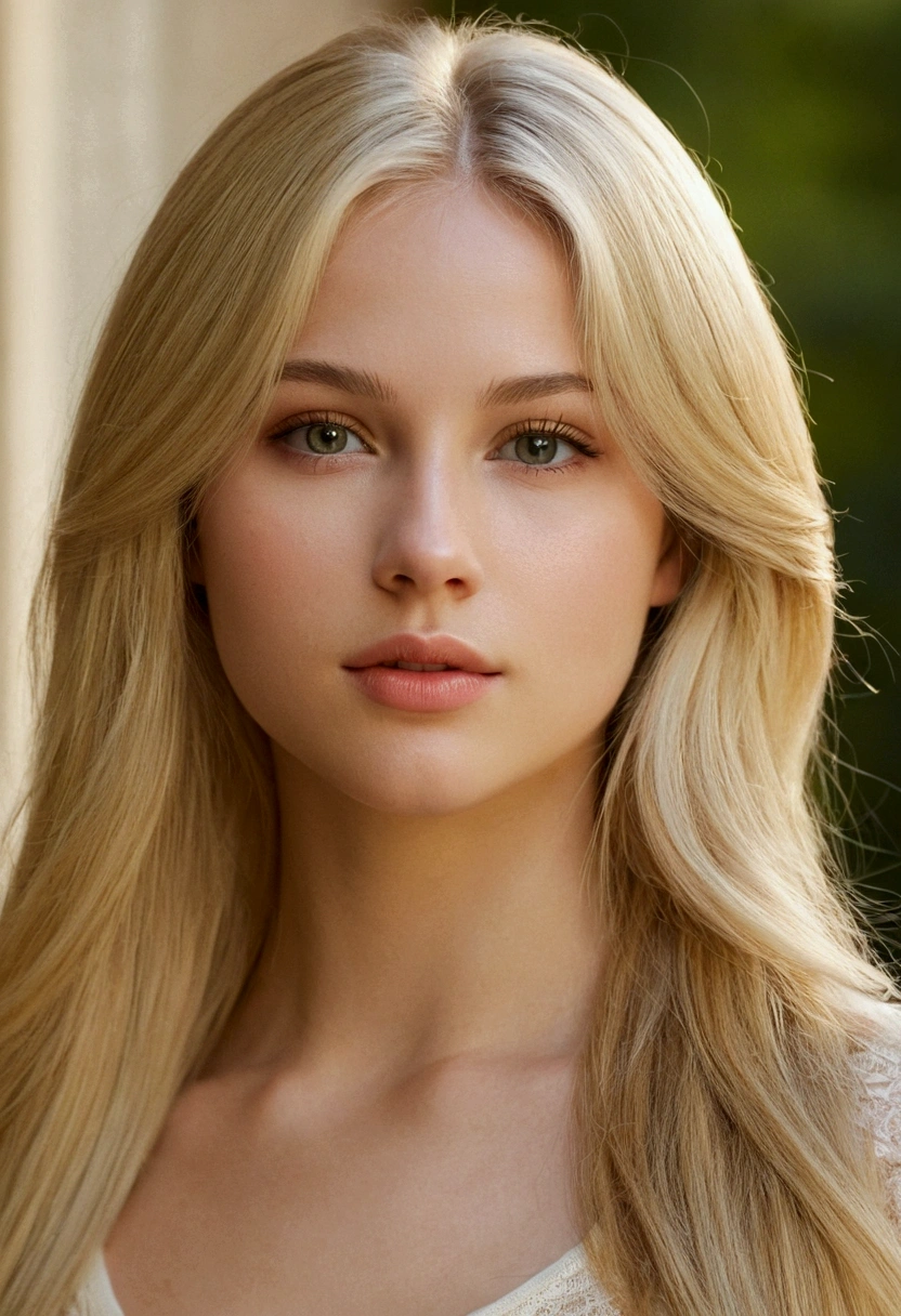 a beautiful 20 blonde girl, long blondes hair, perfect body proportions, detailed facial features, flawless skin, natural lighting, warm tones, 1 girl, detailed face, ​masterpiece, detailled eyes, Detailed Lips, Nice skin, natural lighting, warm colors, close up to the Face, front view