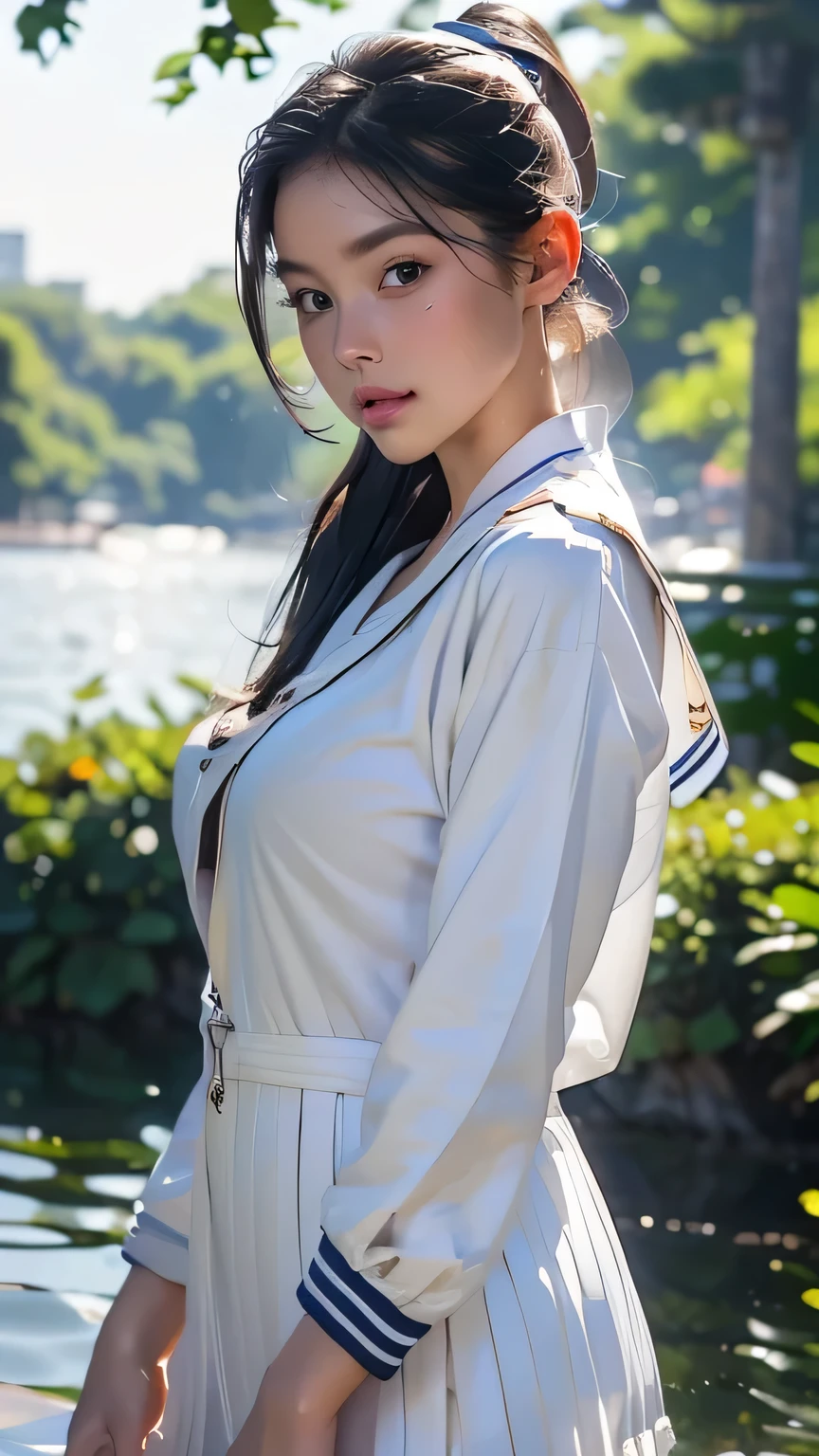 One girl, high school girl、(((リボン付きSailor suit))), Summer clothes、Wet and transparent、((Navy pleated ocks、loafers、ponytail、school bag)、My belly is visible through my clothes、cute, wonderful, Beautiful attention to detail, Iris, Black Hair, In detail, Depth of written boundary, Highly detailed CG, original, Highly detailed wallpaper, View your viewers, Detailed face, Cleavage, (Big Tits, Hard nipples)、Toned Abs, White skin, Realistic、(Cinema Lighting)、Detail emphasis, Beautiful lighting、(((Sailor suit))), Summer clothes、Wet and transparent, ((In the park after the rain))、Summer sunset、Realistic park、masterpiece, 最high quality, high quality, High resolution、
