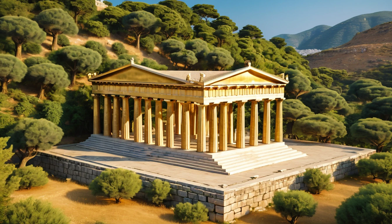 Several Greek temples in shiny gold, several Greek statuses in shiny gold, several Greek triumphs arches in shiny gold, forming a Greek city completely in shiny gold. The place is surrounded by vegetation and a thick jungle. [Greek temples in gold] [Greek statutes in gold] [Place surrounded by vegetation]