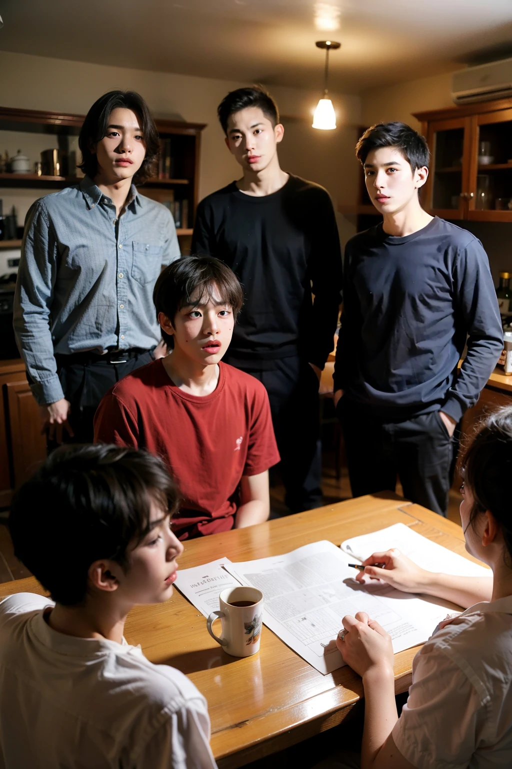 Five boys,night,Inside the house