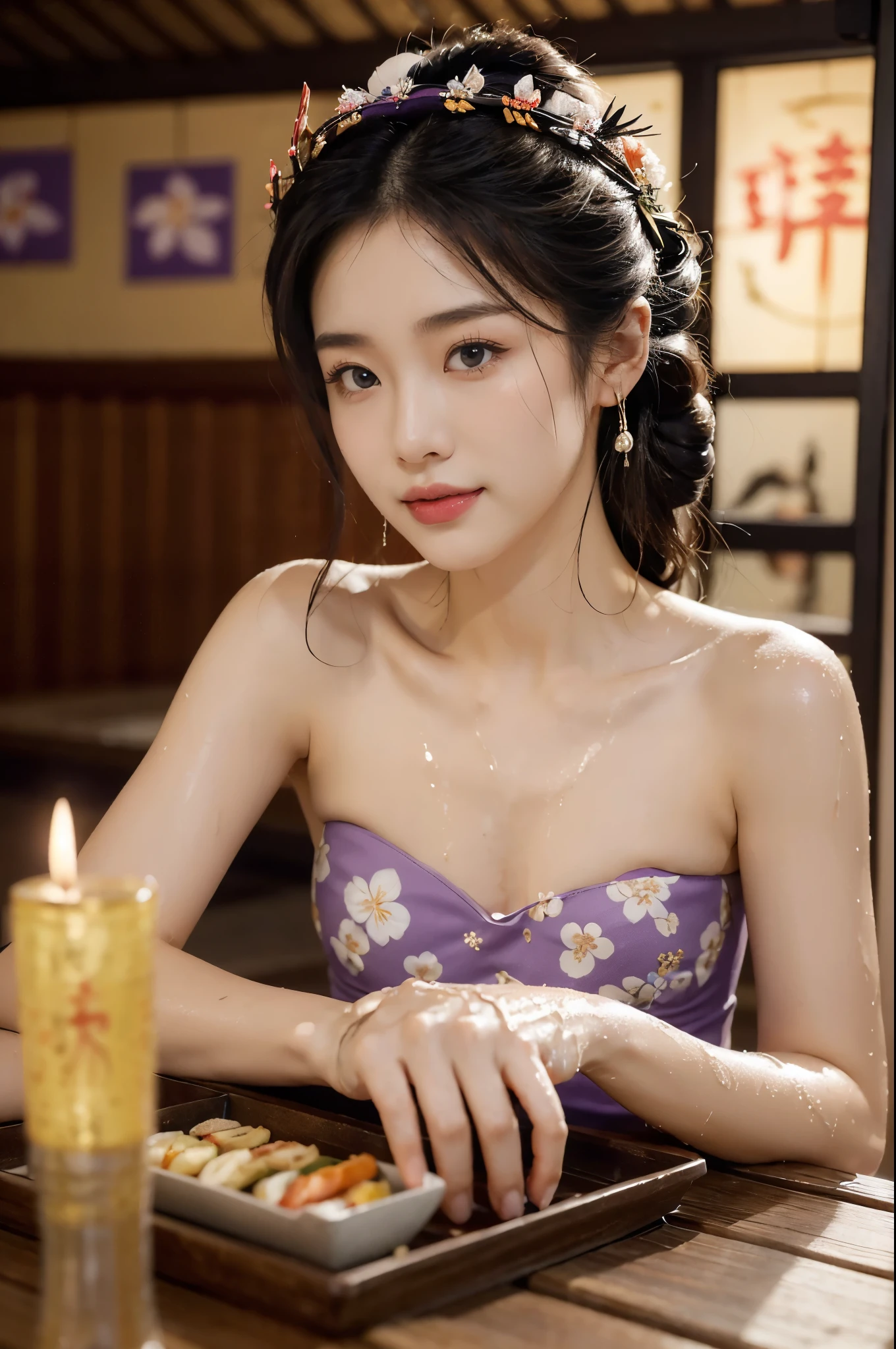 (((best quality))),(((ultra detailed))),(((masterpiece))),illustration,((1 beautiful Japannese girl,solo)),((neat bun,headdress flower)),((slim,thin)),((small breasts,flat chest)),(in izakaya:1.3),(summer:1.2),(rainy:1.3),(indoor:1.2),(night scene:1.3),(wet:1.3),(strapless purple floral bra:1.3),porcelain skin,rouge,dimly lit,warm glow,ethereal,(beside the table:1.3),sake bottle,half-empty glass,tray,grilled fish,steamed vegetables,half-eaten,melancholic smile,storm,solitude,enigmatic aura,tranquility,chaos,simplicity,mysterious,captivating,((from front,close-up of face))