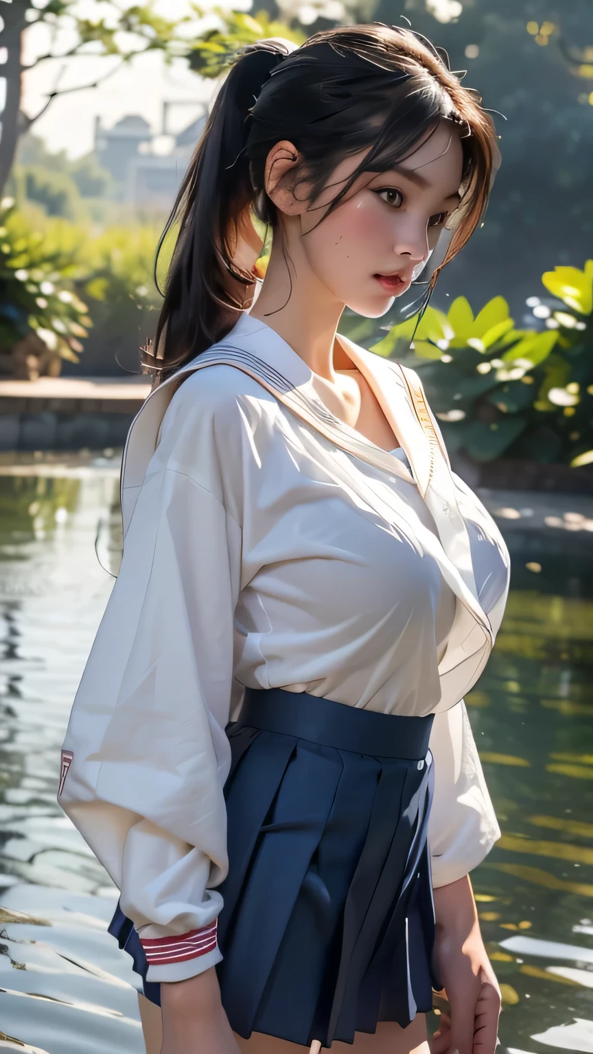 One girl, high school girl、(((Sailor suit))), Summer clothes、Wet and transparent、((Navy Pleated Skirt、socks、loafers、ponytail、school bag))、Underwear visible from clothes、cute, wonderful, Beautiful attention to detail, Iris, Black Hair, In detail, Depth of written boundary, Highly detailed CG, original, Highly detailed wallpaper, View your viewers, Detailed face, Cleavage, (Big Tits, Hard nipples)､Toned Abs, White skin, Realistic、(Cinema Lighting)、Detail emphasis, Beautiful lighting、(((Sailor suit))), Summer clothes、Wet and transparent, ((In the park after the rain))､Summer sunset､Realistic park､masterpiece, 最high quality, high quality, High resolution､ 