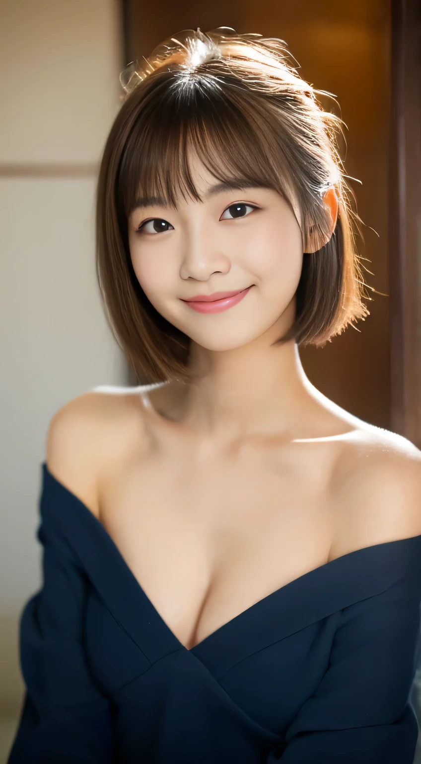 masterpiece,best quality,(Japanese girl),((Beautiful girl)),cleavage,(off shoulder:1.2),(perfect body beauty:1.2),(shy smile),From slightly above,