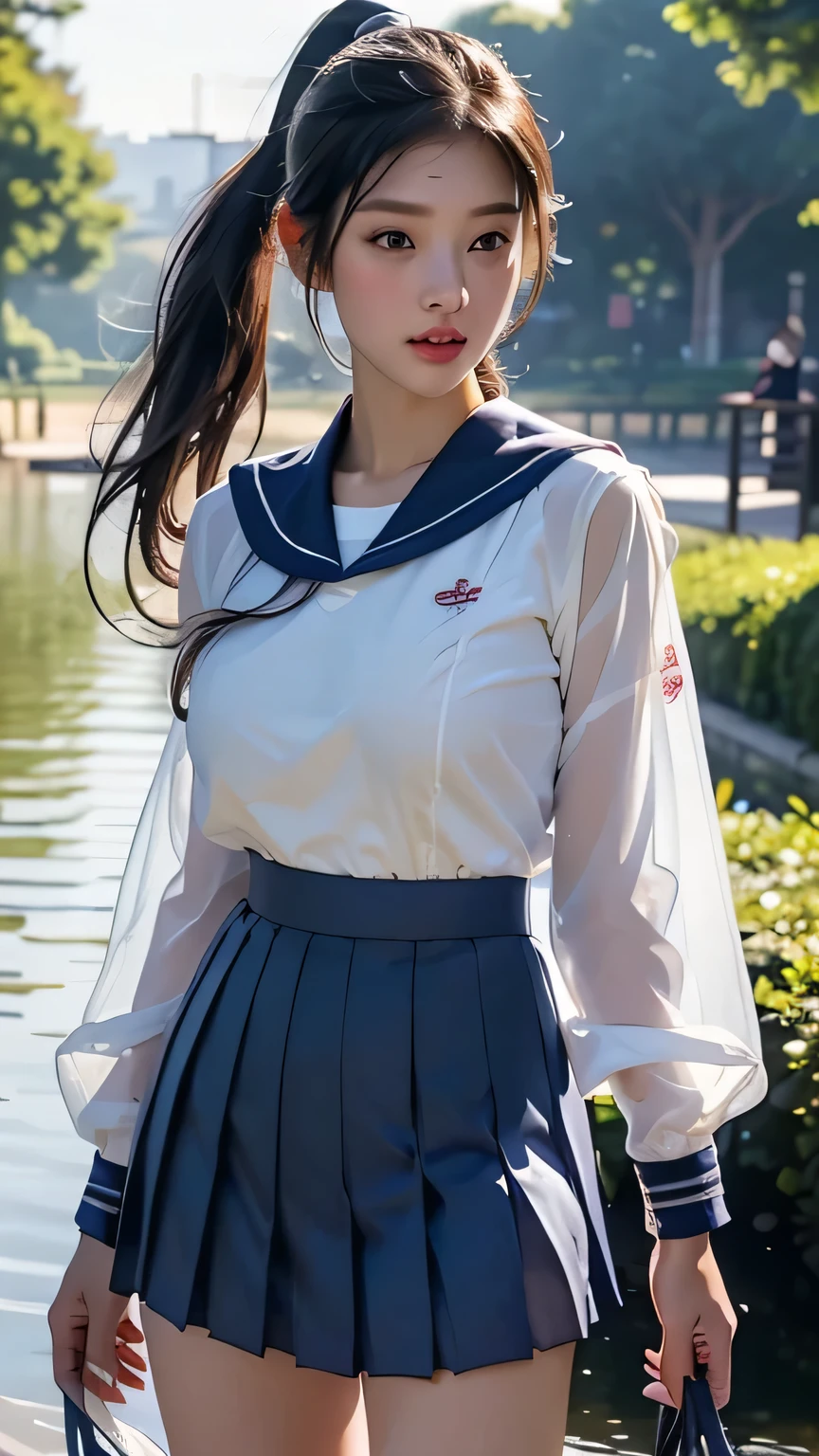 One girl, high school girl、(((Sailor suit))), Summer clothes、Wet and transparent、((Navy Pleated Skirt、socks、loafers、ponytail、school bag))、Underwear visible from clothes、cute, wonderful, Beautiful attention to detail, Iris, Black Hair, In detail, Depth of written boundary, Highly detailed CG, original, Highly detailed wallpaper, View your viewers, Detailed face, Cleavage, (Big Tits, Hard nipples)､Toned Abs, White skin, Realistic、(Cinema Lighting)、Detail emphasis, Beautiful lighting、(((Sailor suit))), Summer clothes、Wet and transparent, ((In the park after the rain))､Summer sunset､Realistic park､masterpiece, 最high quality, high quality, High resolution､ 