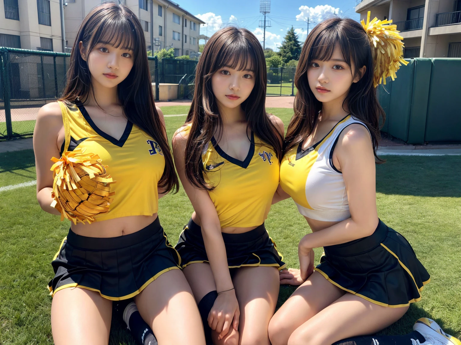 masterpiece, best quality, illustration, Super detailed, fine details, High resolution, 8K,wall paper, perfect dynamic composition,(Details High quality, realistic depiction of eyes:1.3), (3 girls), BREAK (cheerleader uniform with yellow as basic color:1.3), (holding a yellow pompoms in hand:1.4), (sleeveless yellow tunic with baseball team logo:1.4), yellow tops, (bold V-neck:1.3), ((Blue lines, black lines) on tops:1.3), ((fit and flare, A-line):1.3), (A-line yellow rah-rah skirt:1.3), mini skirt, (black socks:1.3), (sports shoes:1.2), sitting, open legs, short bob hair, in a hotel room in the background, deep on field, large breasts, black hair color, Big Natural Color Lip, (perfect body shape), crying a little、Harajuku style、20 year old girl、cute type、beautiful legs, Gravure Idol