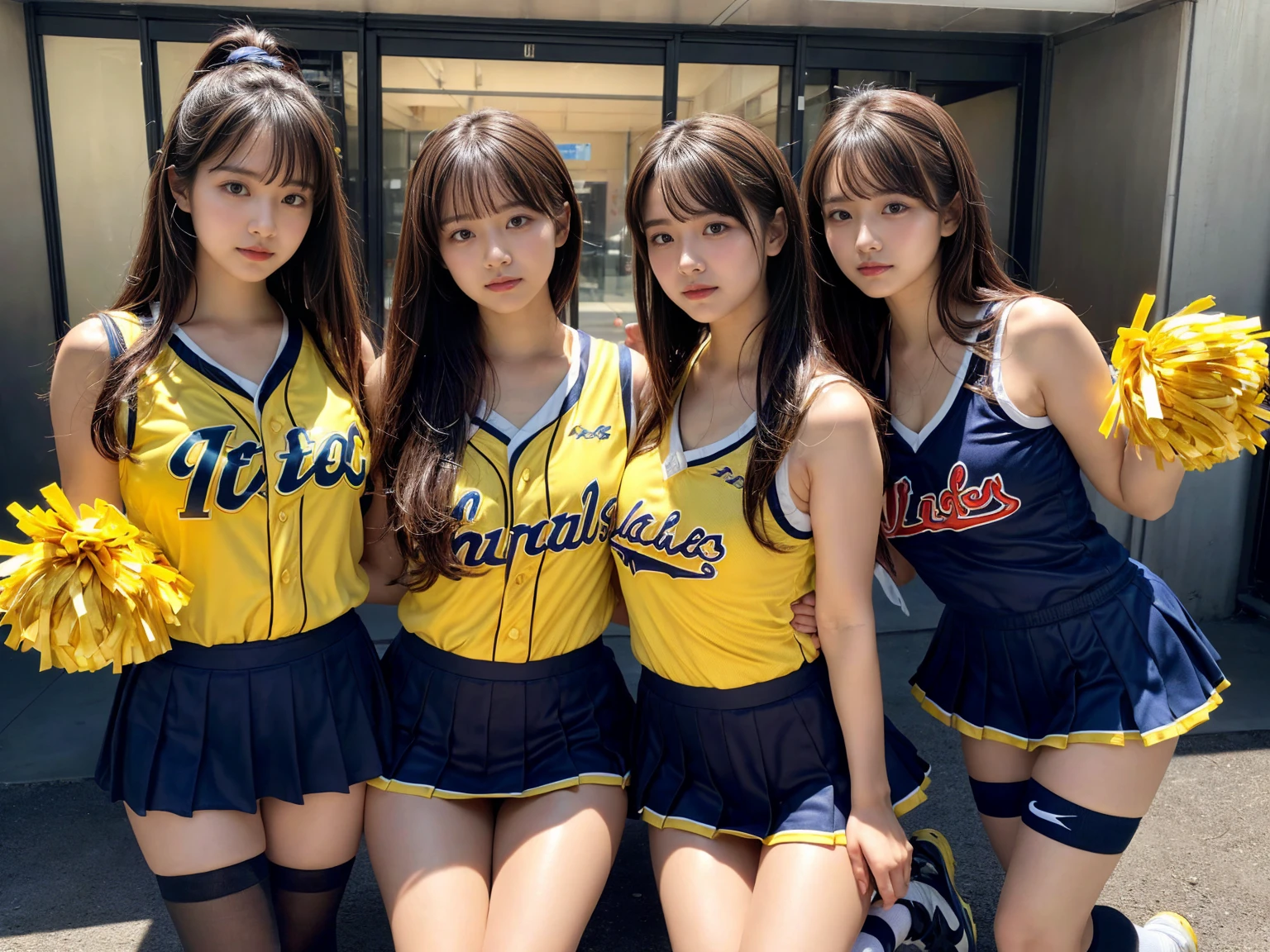 masterpiece, best quality, illustration, Super detailed, fine details, High resolution, 8K,wall paper, perfect dynamic composition,(Details High quality, realistic depiction of eyes:1.3), (3 girls), BREAK (cheerleader uniform with yellow as basic color:1.3), (holding a yellow pompoms in hand:1.4), (sleeveless yellow tunic with baseball team logo:1.4), yellow tops, (bold V-neck:1.3), ((Blue lines, black lines) on tops:1.3), ((fit and flare, A-line):1.3), (A-line yellow rah-rah skirt:1.3), mini skirt, (black socks:1.3), (sports shoes:1.2), sitting, open legs, short bob hair, in a hotel room in the background, deep on field, large breasts, black hair color, Big Natural Color Lip, (perfect body shape), crying a little、Harajuku style、20 year old girl、cute type、beautiful legs, Gravure Idol