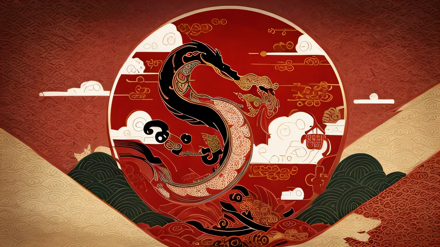 Prestigious minimalist Chinese new year poster, with realistic snake graphic with flourish motive as centerpiece