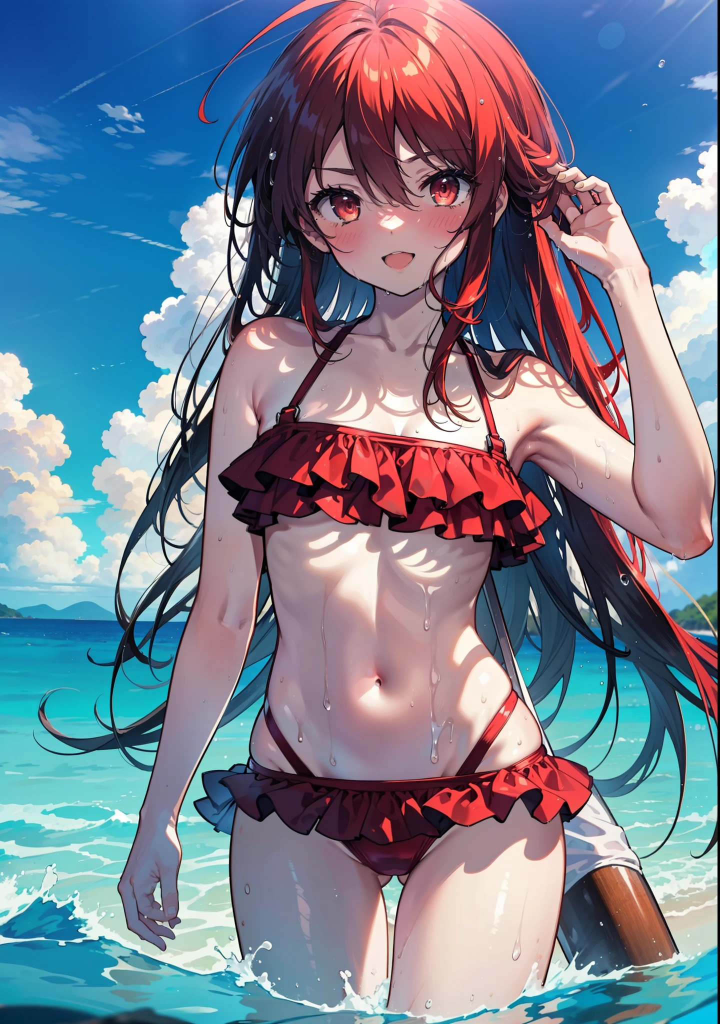 Shana,灼眼のShana,Long Hair, Red Hair, Red eyes, Ahoge,smile,blush,Small breasts,Open your mouth,Red bikini swimsuit with ruffles,barefoot,Wet Hair,Wet swimsuit,Wet Skin,Water Play,Daytime,Clear skies,True Summer, break outdoors, Ocean,Beach, break looking at viewer, whole body, (Cowboy Shot:1. 5) break (masterpiece:1.2), Highest quality, High resolution, unity 8k wallpaper, (shape:0.8), (Beautiful attention to detail:1.6), Highly detailed face, Perfect lighting, Highly detailed CG, (Perfect hands, Perfect Anatomy),