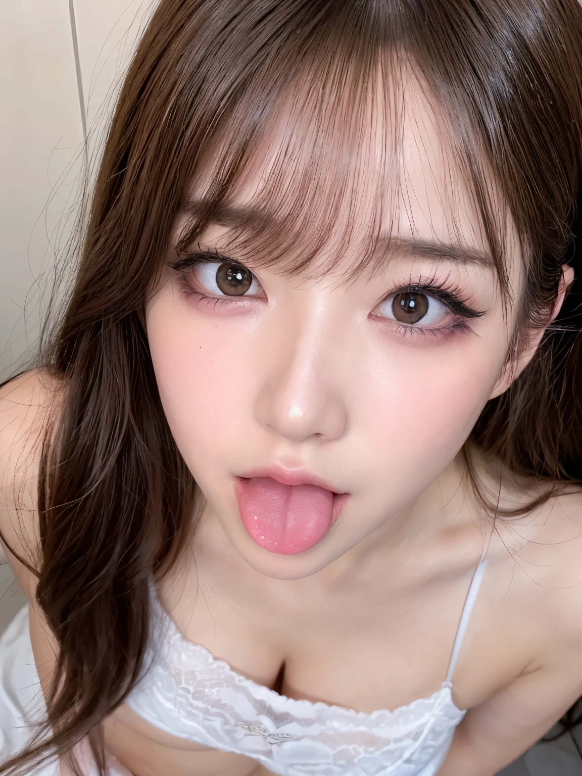 (expensiveest quality、realism、Glowing Skin、8k、Ultra-detailed、Photorealistic photography、Perfect Anatomy、masterpiece: 1.3、Very delicate and elaborate skin、expensive resolution 16k lace skin on human skin、So detailed you can even see the pores、Adapts to natural skin、Symmetrical face)、An underground space completely blocked off from light、One Woman、JK gal、in front, Facing forward、(Looking down from above:1.6), (Upturned eyes :1.4)、唇に艶を与えるLip gloss:1.6、Heartbreaking、Crying face、Distorting facial expressions、(Extreme face focus、Extreme close up of face、Facing forward、A woman wearing a collar and lead、Subjectivity from above)、Overflowing breasts、((expensive 、mini skirt、Popular Korean makeup))、cute、Sex Appeal、Crafty、Ahegao、squint、squint、Paranoid symptoms、Lip gloss、Blushing cheeks、(very droopy eyes、Beauty Bureau)、expensively detailed whitening skin、Beautiful eyeliner、double eyelid、Glossy Lips、Keep your eyes sharp and focused, Please open your mouth and close one eye、Realistic nostrils、Elongated C-shaped nostrils, Sweaty skinを強調する、((Sharp Nose))、Sweaty skin、Sweaty hair、(Brow wrinkles)(Please extend your tongue as far as possible.)、moist watery eyes、Deep Kiss、((Thin eyebrows))、Glowing Skin、double eyelid、Wet and shiny tongue、With eyes wide open, Pupils dilate、Symmetrical nose,