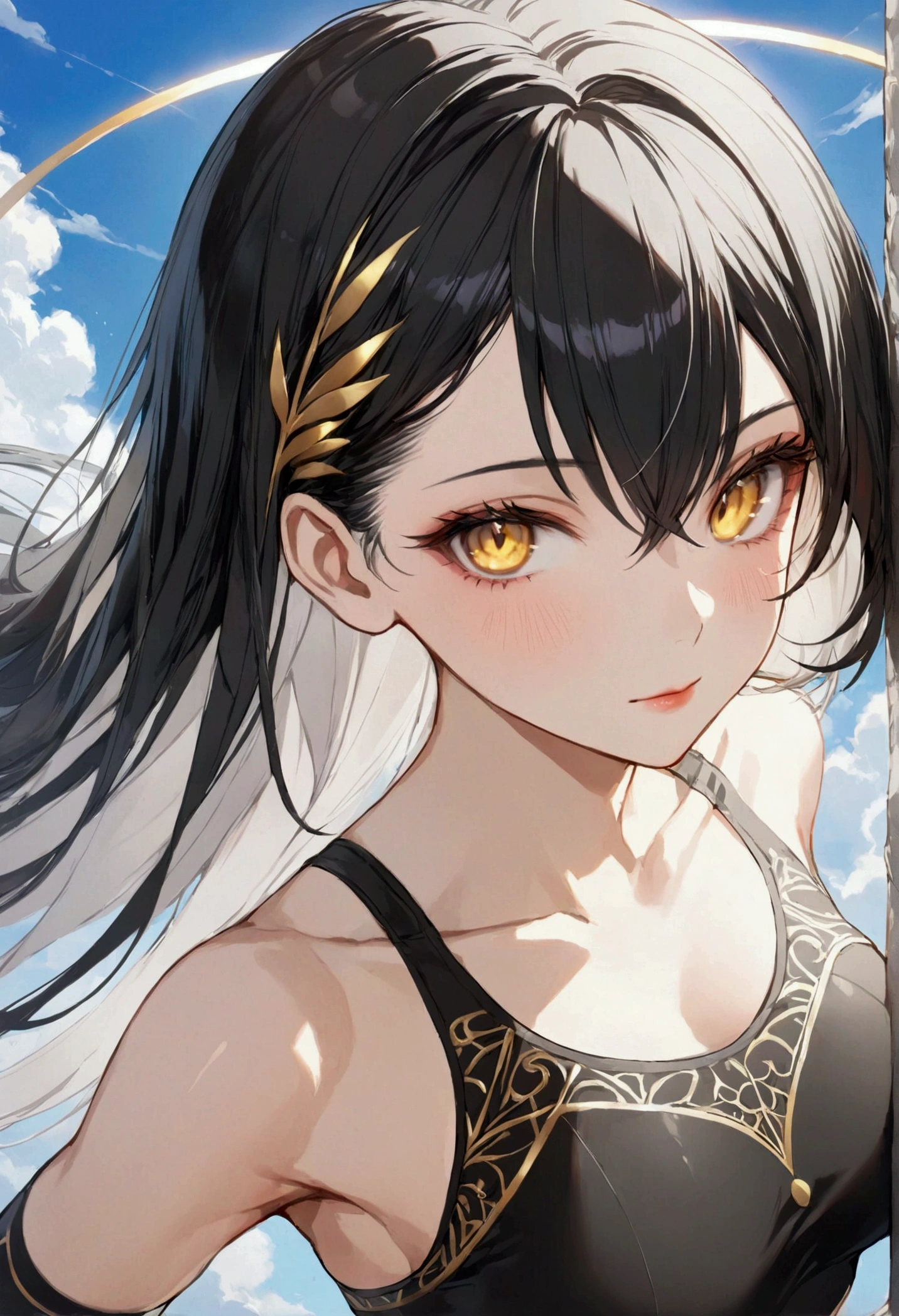 A girl with smooth black hair, inner colored hair white,golden eyes, fair skin tone, slender and athletic built, warrior wear, detailed hair, detailed body, aesthetic, Wide-Angle, best quality, 8k