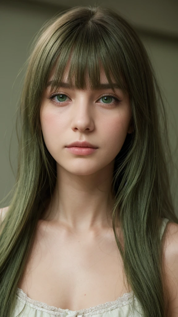 a girl. Europe. Extremely detailed face. Oval face. delicate facial features. half-closed eyes. long straight hair. messy hair. bangs. green hair. green eyes. afraid. Sad. shy. straight face