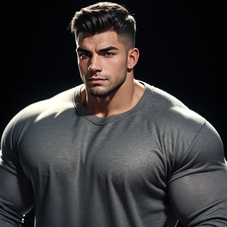 face of a very handsome young man, massively muscular, with massively large muscles, with massively large biceps, with massively large arms, wearing a simple sweatshirt, on a black background, seen from very close up