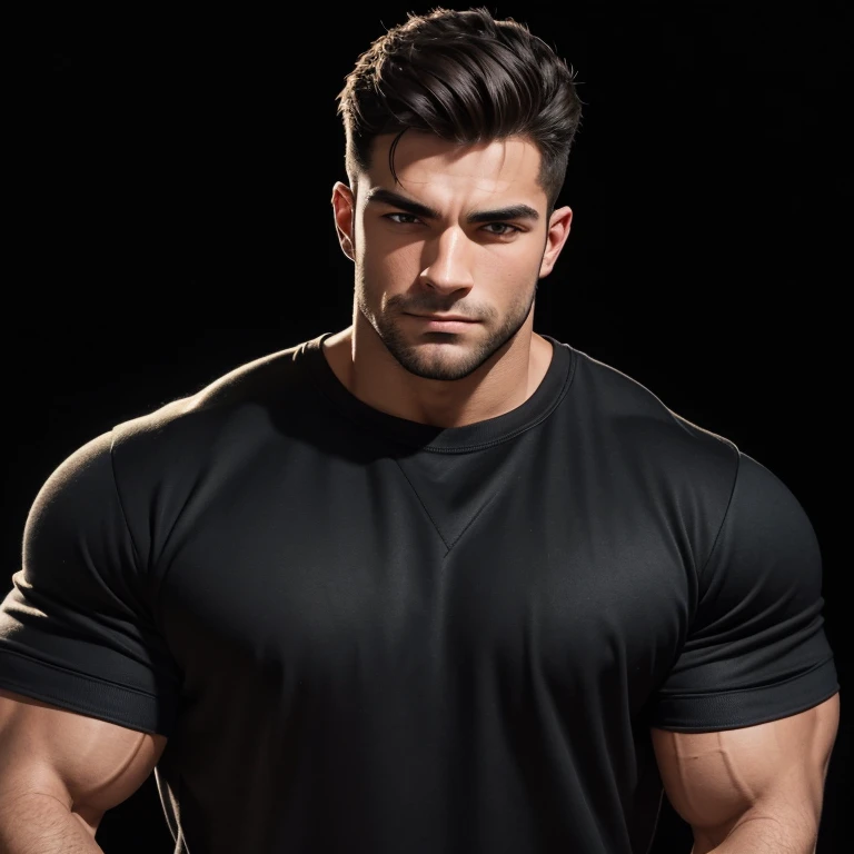 face of a very handsome young man, massively muscular, with massively large muscles, with massively large biceps, with massively large arms, wearing a simple sweatshirt, on a black background, seen from very close up