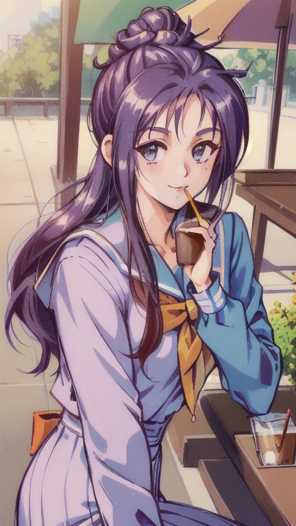 ((masterpiece)),((Ayako Katagiri)),((Katagiri Ayako)),((Mischievous Smile)),Anatomically perfect fingers,(((Kirameki High School Uniform))),(((Cafe Terrace))),(((A moment of summer))),(((Drinking iced coffee)))