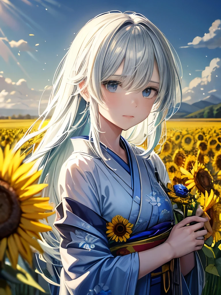 Fictional character composition, Wearing young blue flowers, Surrounded by sunflowers, main character, Open your eyes, His hair was blown by the wind, And the sun heals, Close-up monochrome painting, cute, dream-like, Oil painting style, Acrylic paint,, Japanese, An interesting concept, Funny picture - ar 3:4 - 20 - more than 5  