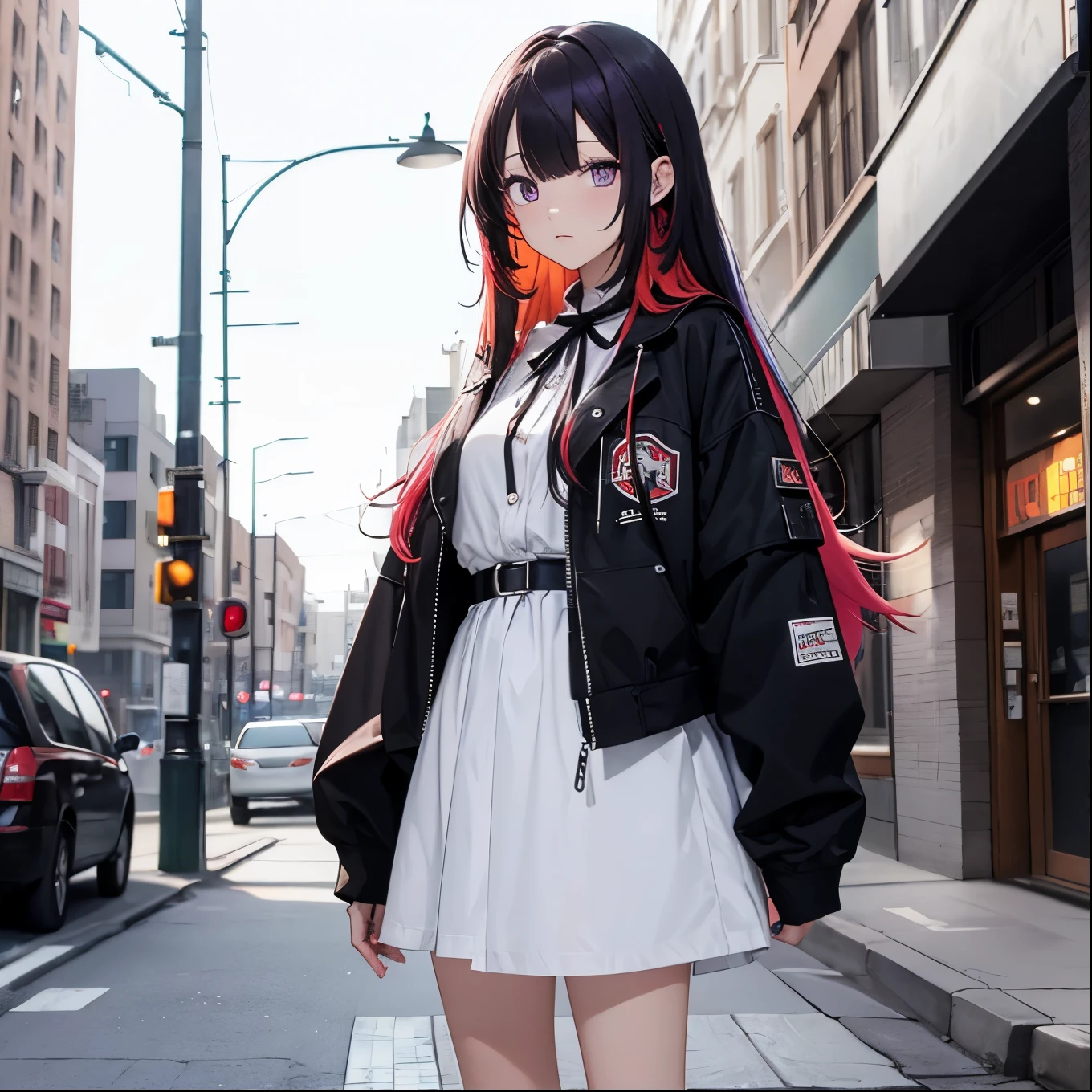masterpiece, best quality, highres, 1girl, split-color hair, hair over one eye, red hair, multicolored hair, long hair, purple eyes, two-tone hair, hair rings, white dress, headphones, white hair, black ribbon, bangs, very long hair, medium breasts, long sleeeves, open jacket, oversized clothes, standing, street, cowboy shot, 