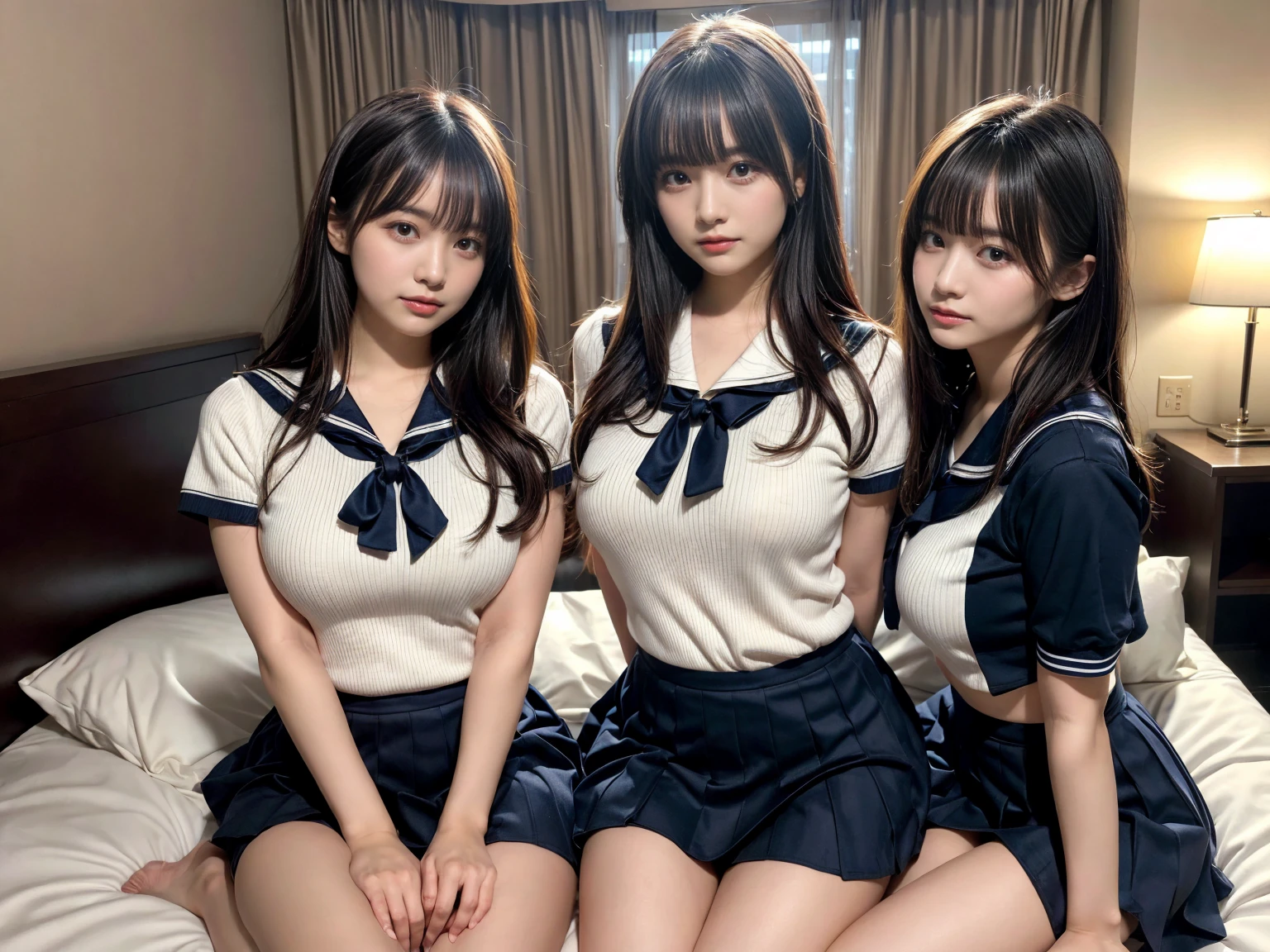 masterpiece, best quality, illustration, Super detailed, fine details, High resolution, 8K,wall paper, perfect dynamic composition,(Details High quality, realistic depiction of eyes:1.3), (3 girls), Black Sailor Uniform, serafuku, Navy pleated skirt, sitting, open legs, short bob hair, in a hotel room in the background, deep on field, large breasts, black hair color, Big Natural Color Lip, (perfect body shape), crying a little、Harajuku style、20 year old girl、cute type、beautiful legs, Gravure Idol