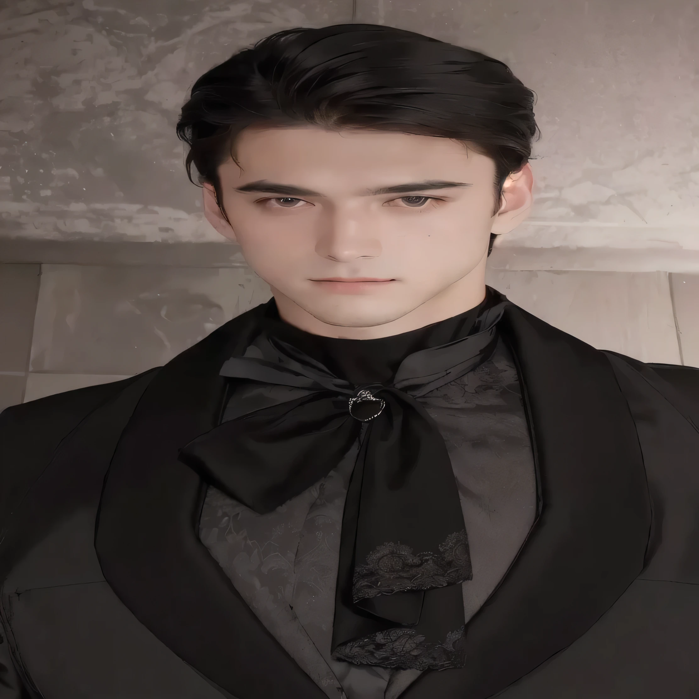 Handsome man, duke from 18th century. Dark hair and red eyes, dark suit