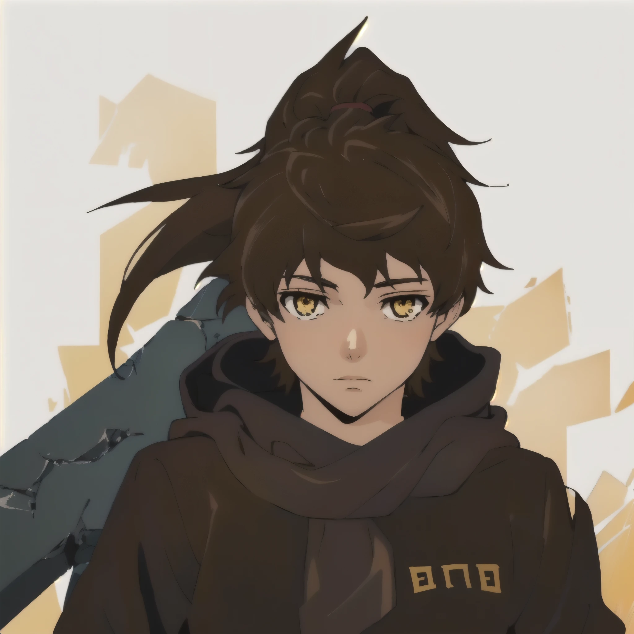 anime man with long brown hair in ponytail and yellow with hood down behind back, anime moe artstyle, inspired by Okumura Masanobu, inspired by Yamagata Hiro, male anime character, 