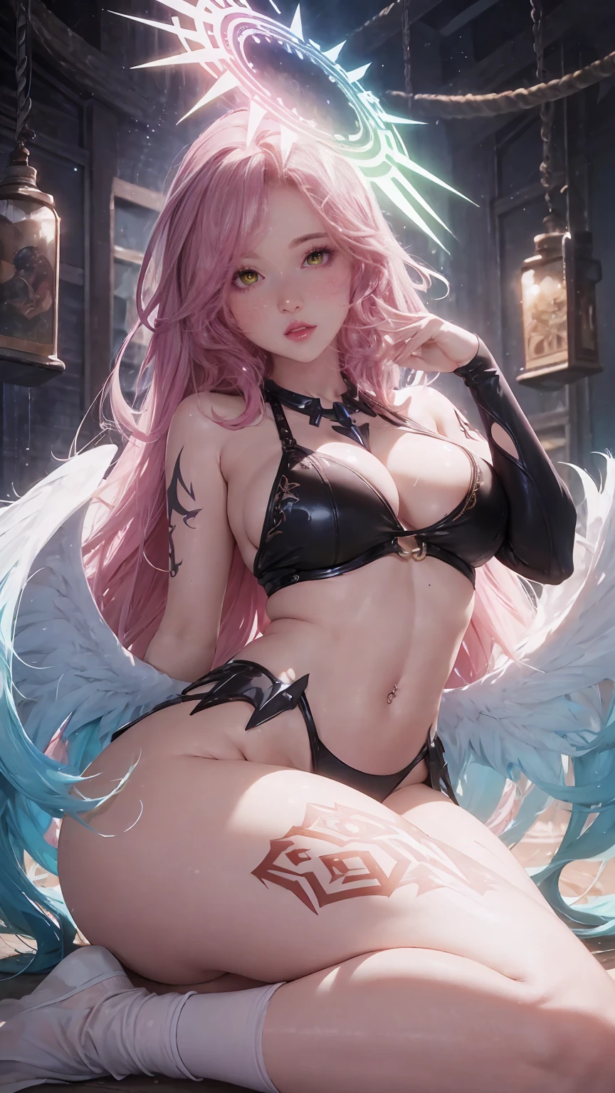 8K, Ultra High Definition, Super detailed, Shiny detailed hair, detailed face, fantasy landscape, solo, looking at viewer, {{best quality}}, {{masterpiece}}, {{ultra-detailed}}, {detailed light}, ultra high quality eyes, detailed eyes, perfect eyes, large eyes, detailed purple eyes, beautiful lips, pink hair, long hair, blue angel halo, wings, tattoos, beautiful, curvy body, white skin, slutty, erotic, suggestive, {{nsfw}}